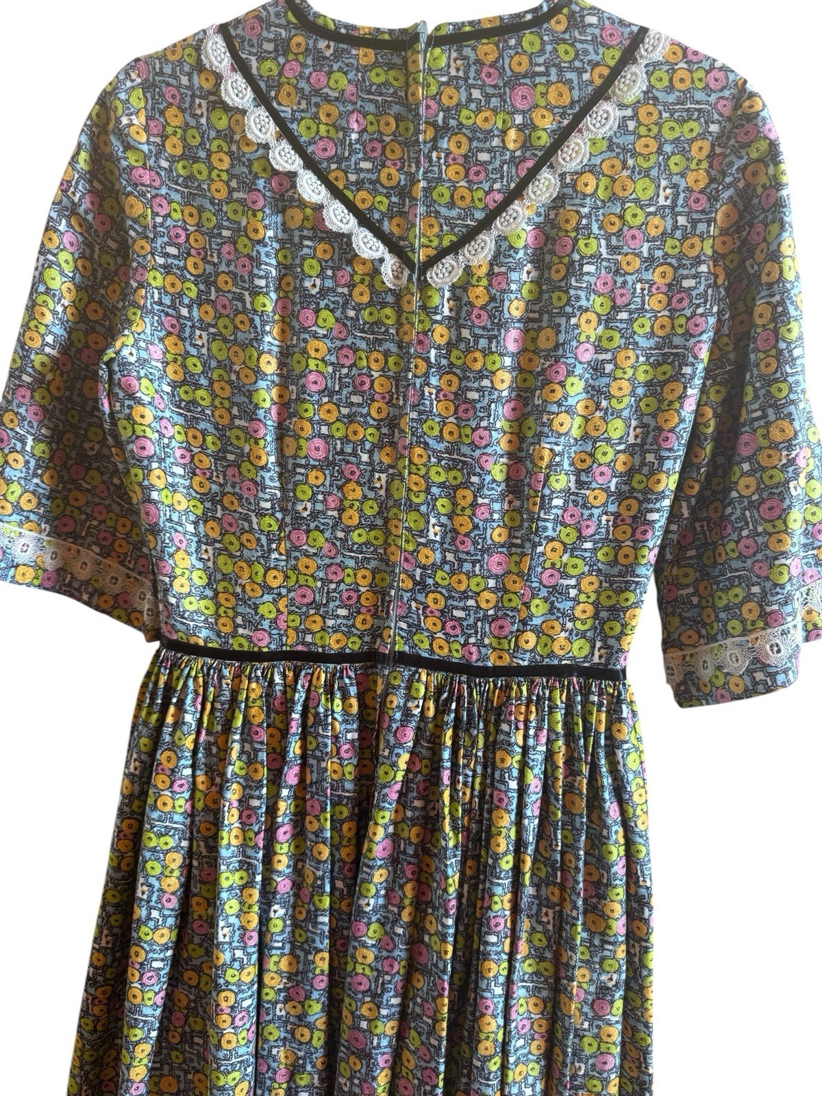 Vintage 1970s Homemade Prairie Long Dress Multi Colored Design Black Ribbon Lace