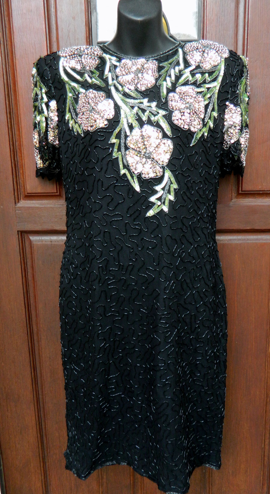 SCALA BLACK BEADED DRESS PINK FLOWERS SZ XL VINTAGE