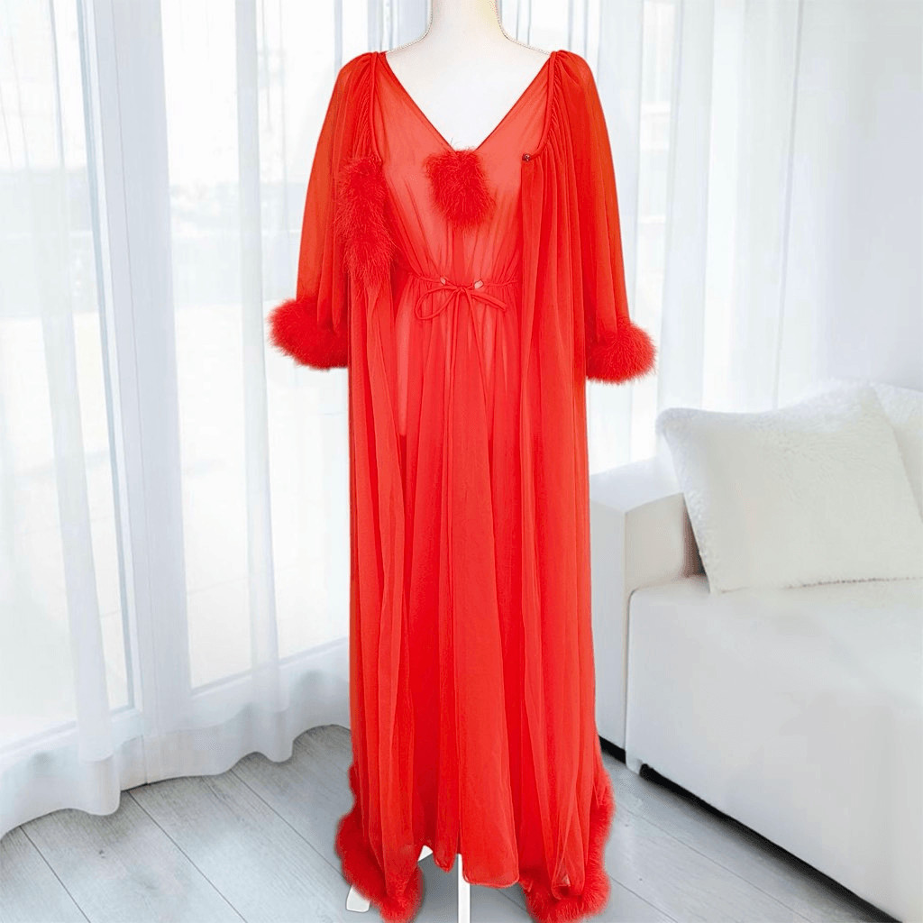 Jenelle of California Rare Vintage 60’s Crimson Feather Penoir Set Sz L