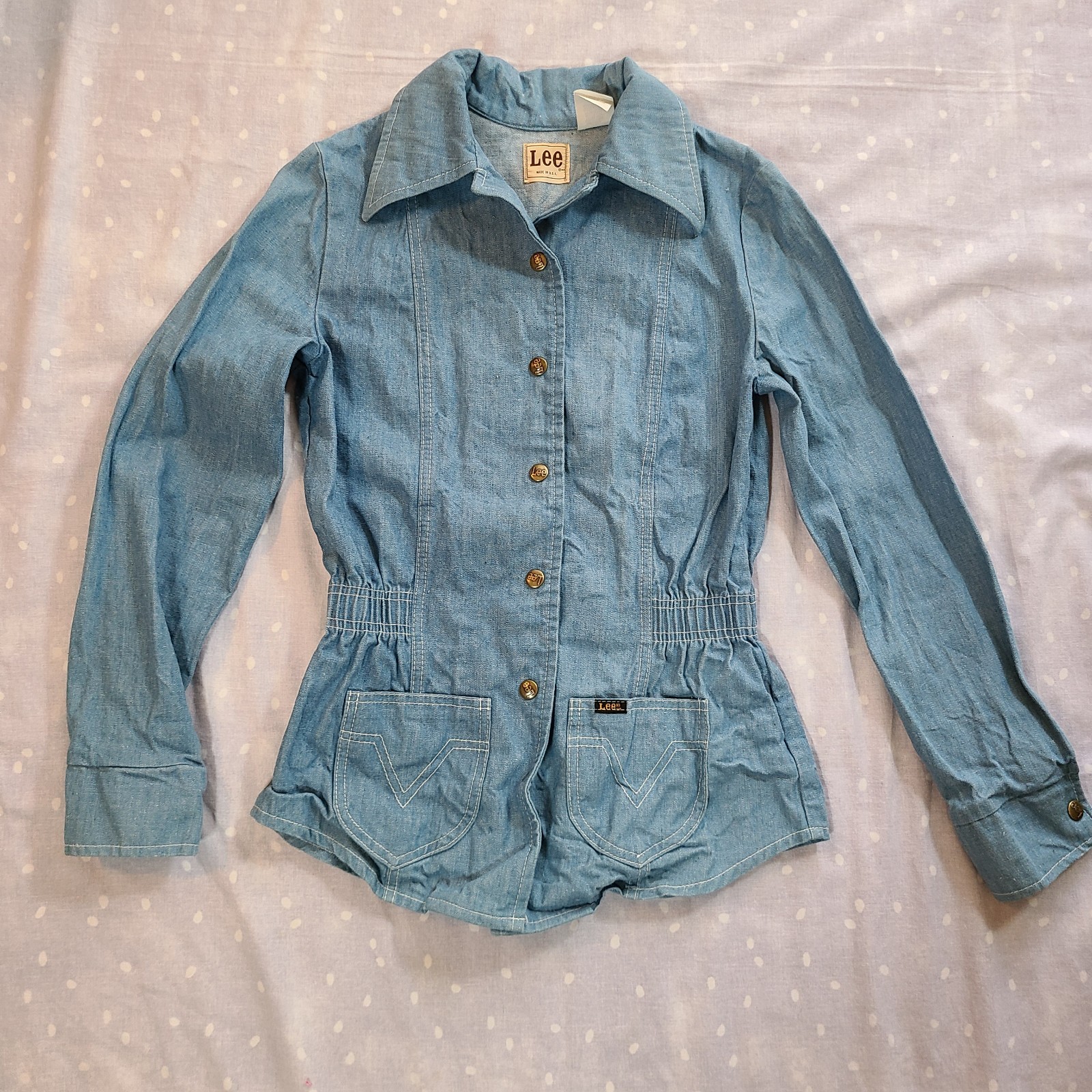 Vintage Lee Women’s Snap Button Up Blue Denim Shirt Longsleeve Sz S Made In USA