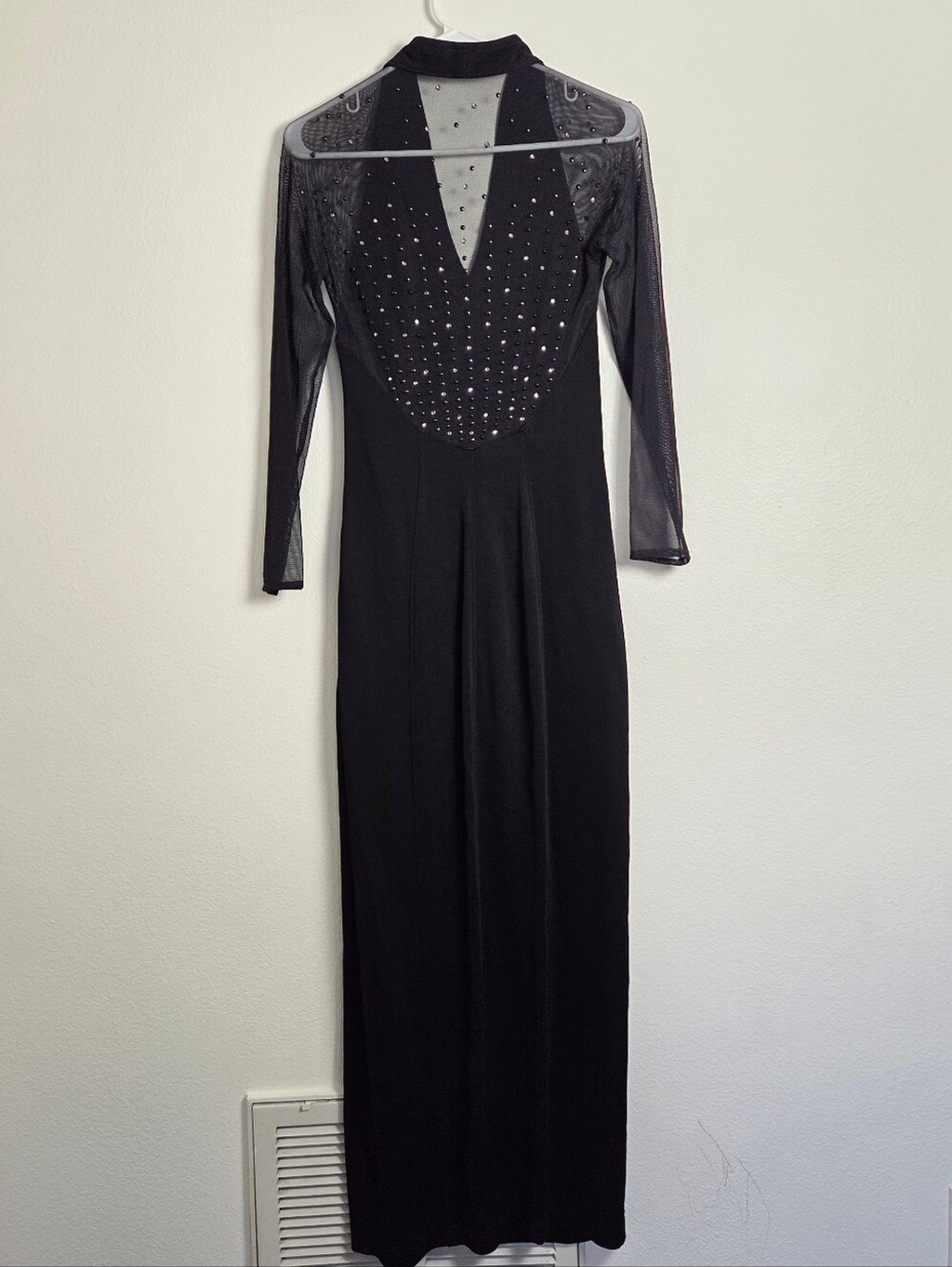 Vintage Tadashi Shoji Black Long Sleeve Mesh Gown with Crystal Accents Small