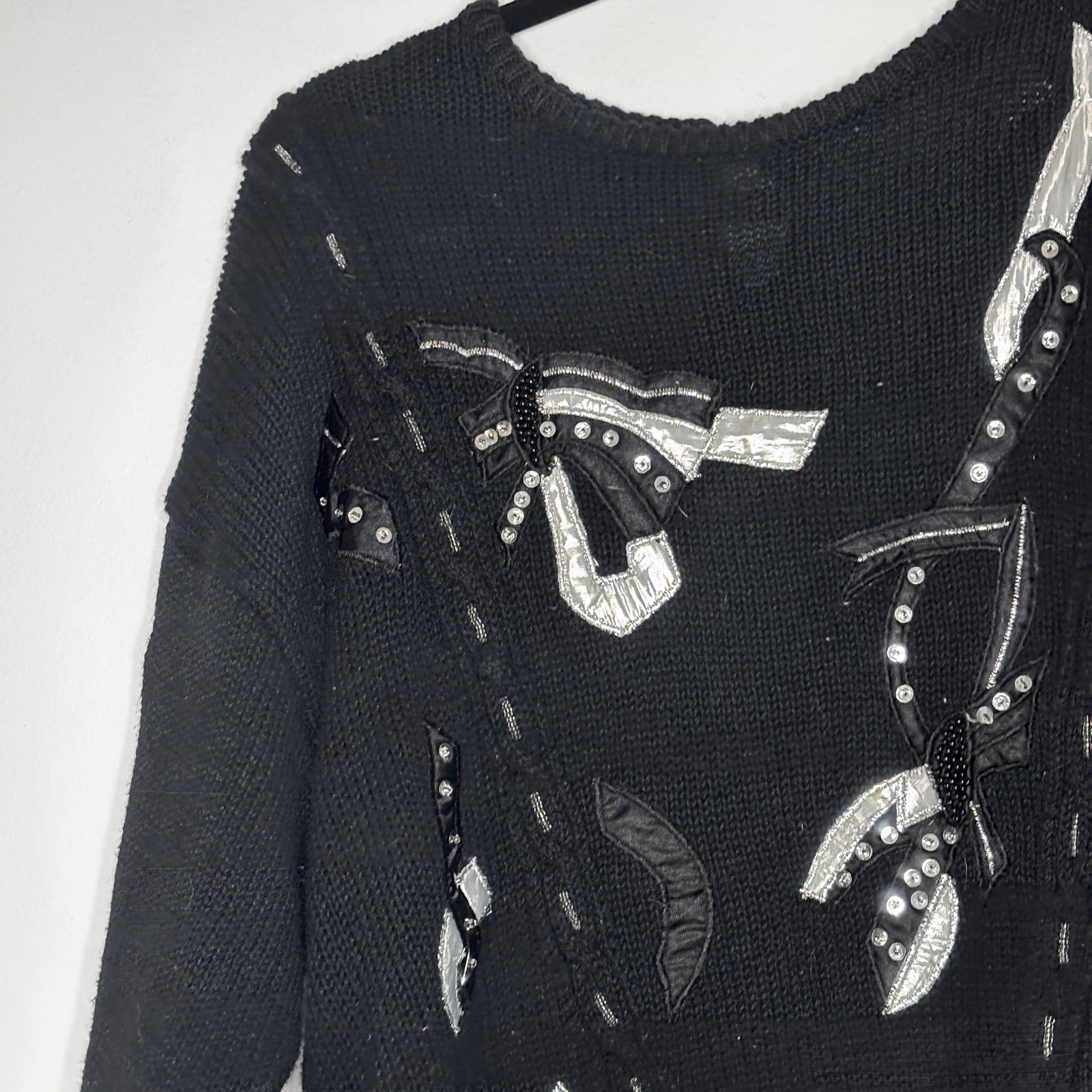Vintage 1980s Shenanigans Black Sweater Appliqué Embroidery Beaded Mod Large