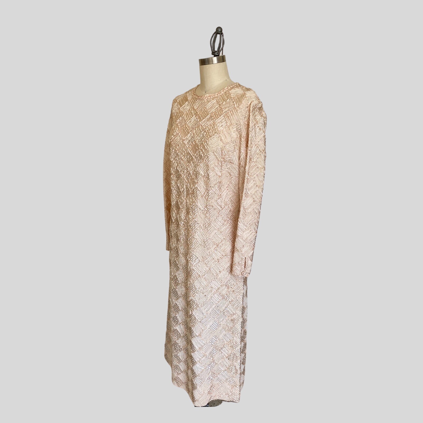 Vintage 60s Caledonia Sheath Dress Tan Nude Champagne Ribbon Wedding Evening