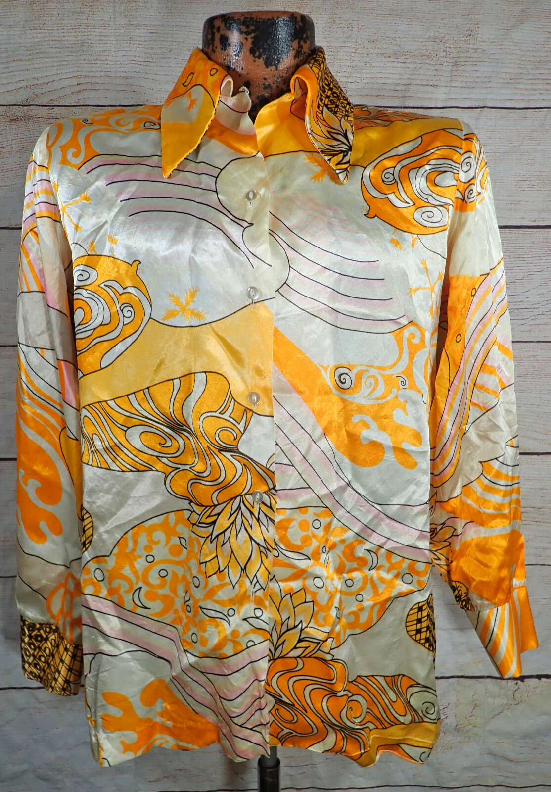 True Vtg 60’s Carole Sue Satin Loop Collar Shirt Women’s M MCM Abstract Art AOP