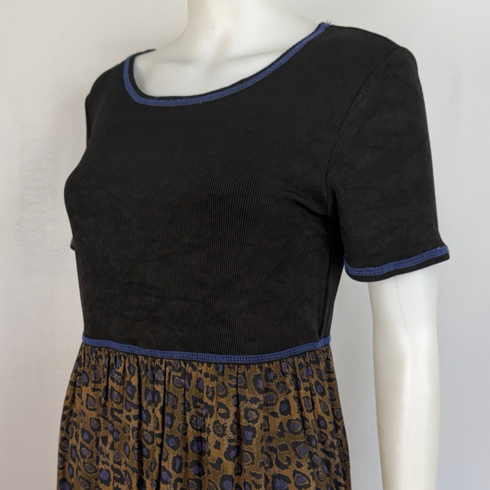 Vintage Carole Little Leopard Print Midi Dress Size Small 4 Black Ribbed Knit