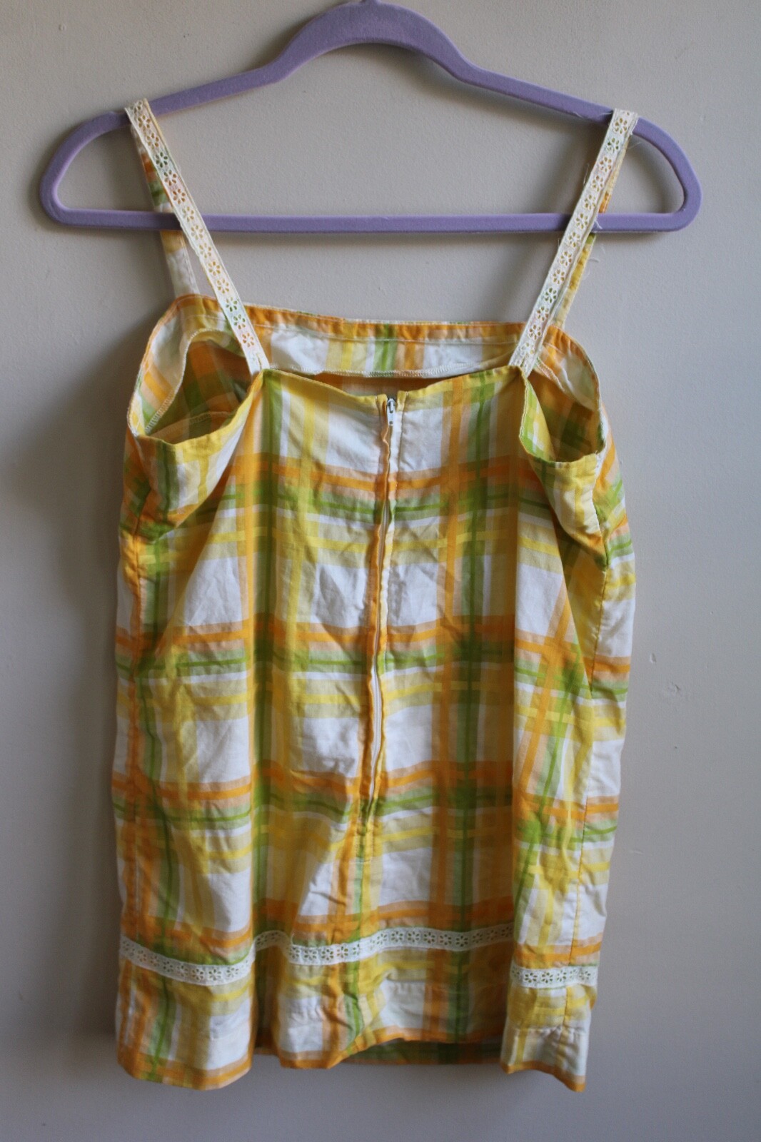 Vtg 50s Sea Lure California L Yellow Green Plaid Check Tank Top Cover Up