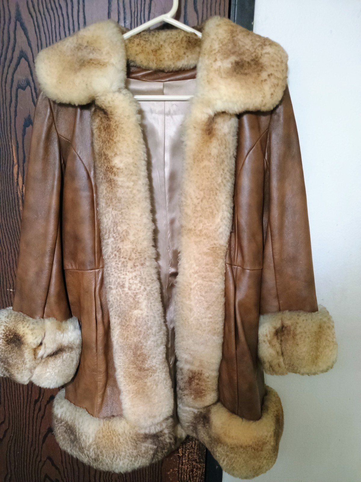 Scully Brown Leather Coat with Beige Fur Trim, Women’s Regular Size 10