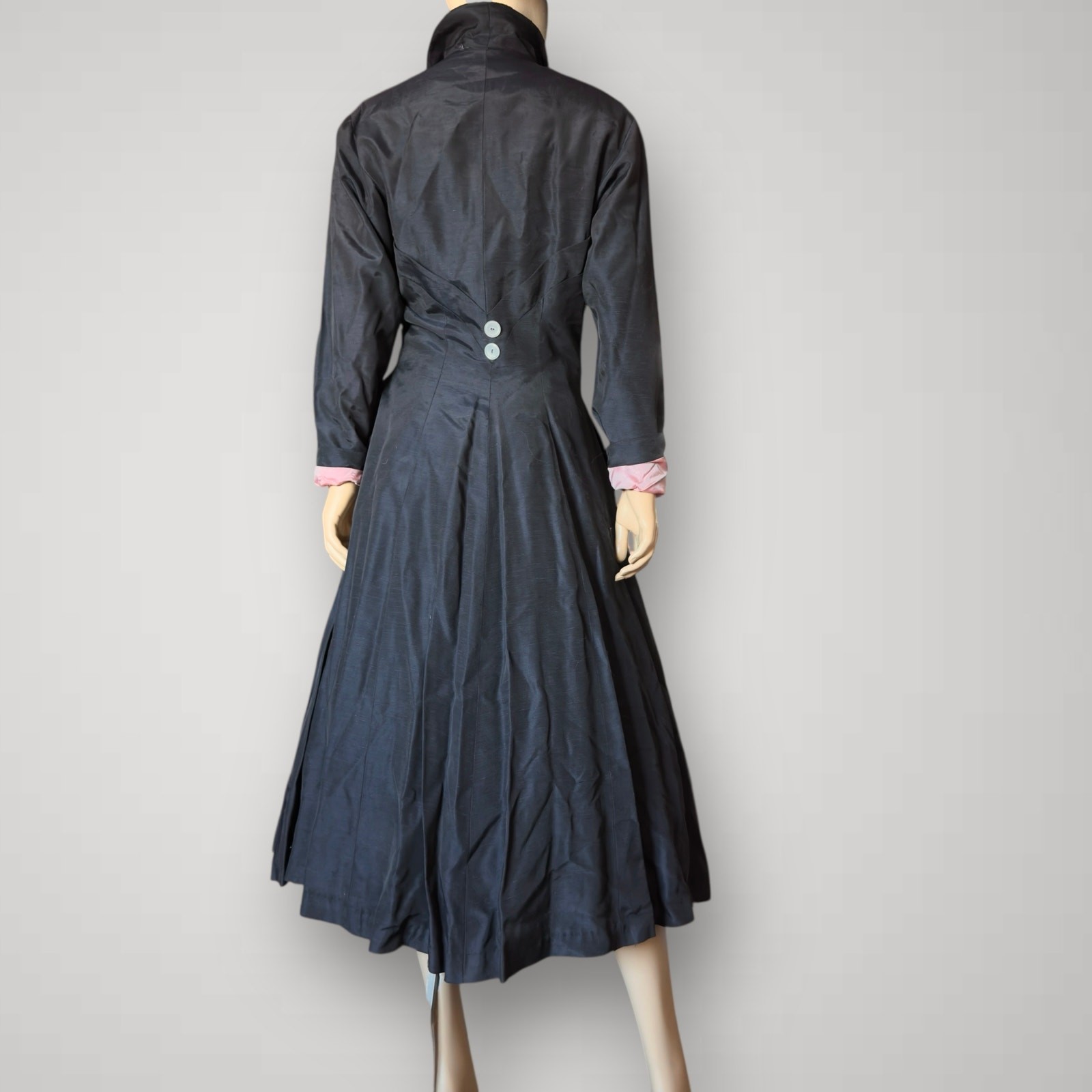 Vintage 1940s New Look Black Silk Duster Princess Coat Button Front Jacket Small