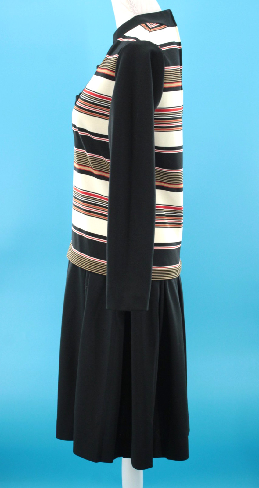 VTG Women’s 60s Black Cream & Red Striped Drop Waist Midi Dress Sz M 1960s