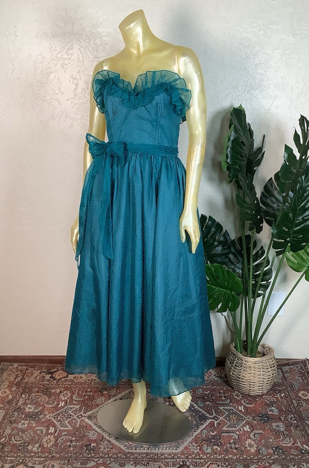Vtg 1980s Gunne Sax Teal Swiss Dot Strapless Tea Length Semi-Formal Dress