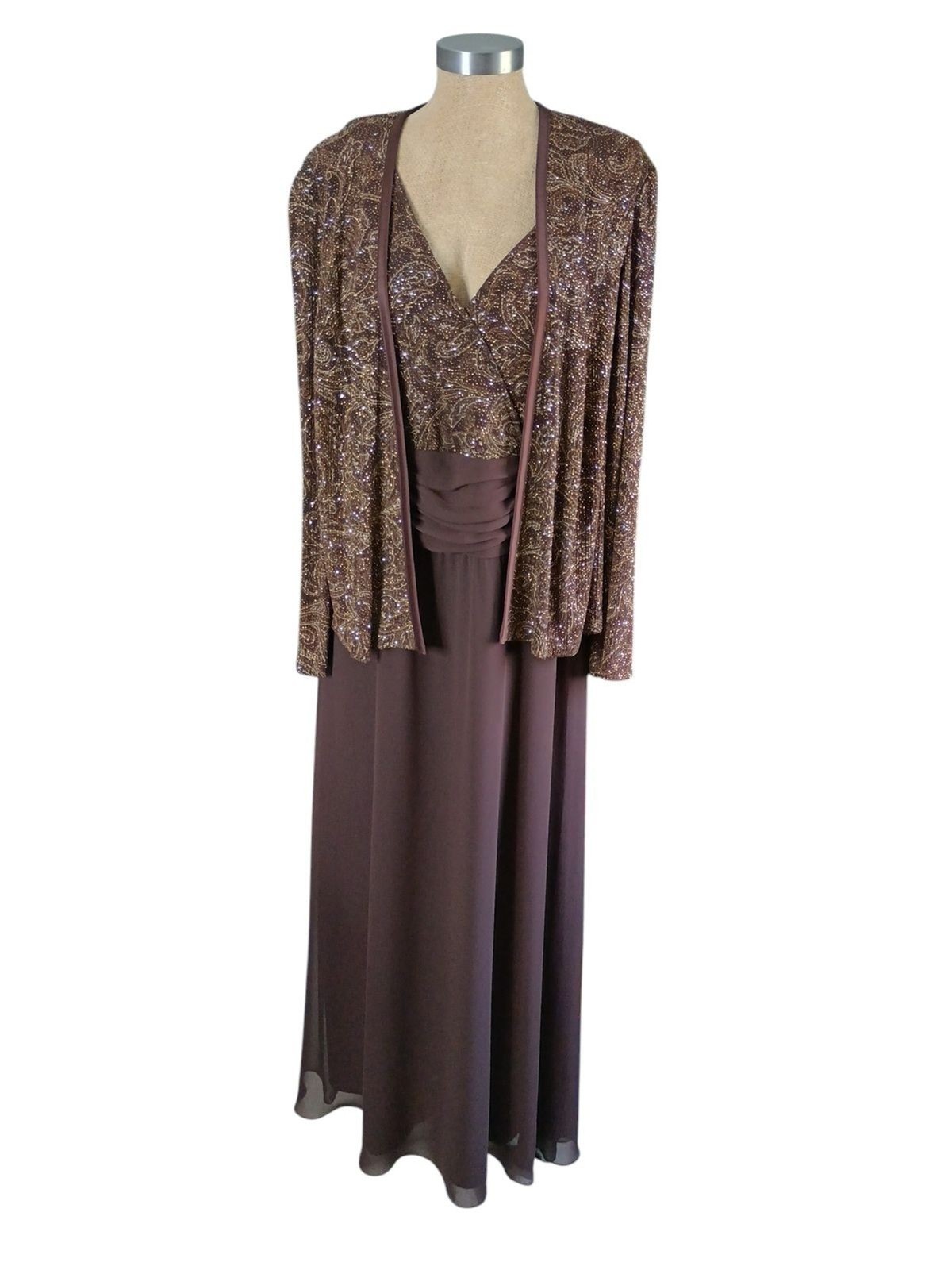 Vintage Patra Woman Dress+Jacket 16W Brown+Gold Metallic Maxi Wedding Cocktail
