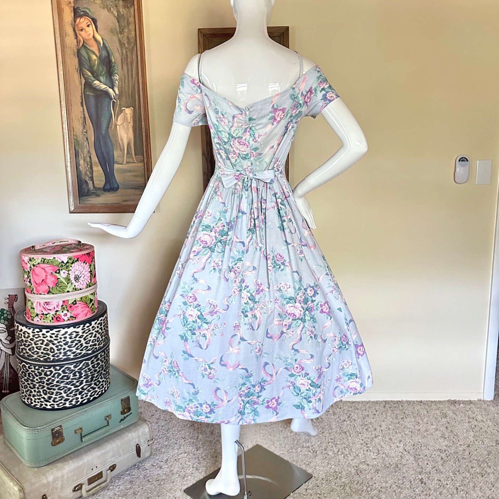 Vtg 1980s Off-Shoulder Baroque Floral Print Fit Party Dress Cottagecore L Volup