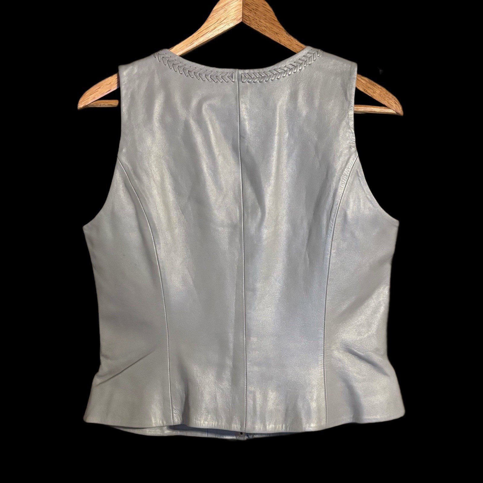 Vintage Y2K Caché Silver/Gray Leather Satin Lined Hidden Zipper Vest Size 10