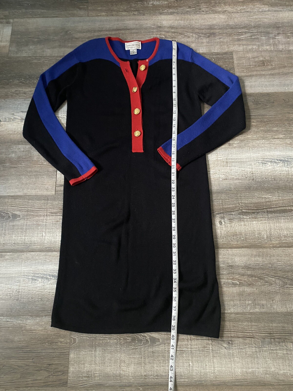 Vintage Wool Blend Black Blue Colorblock Sheath Sweater Dress Karin Stevens M
