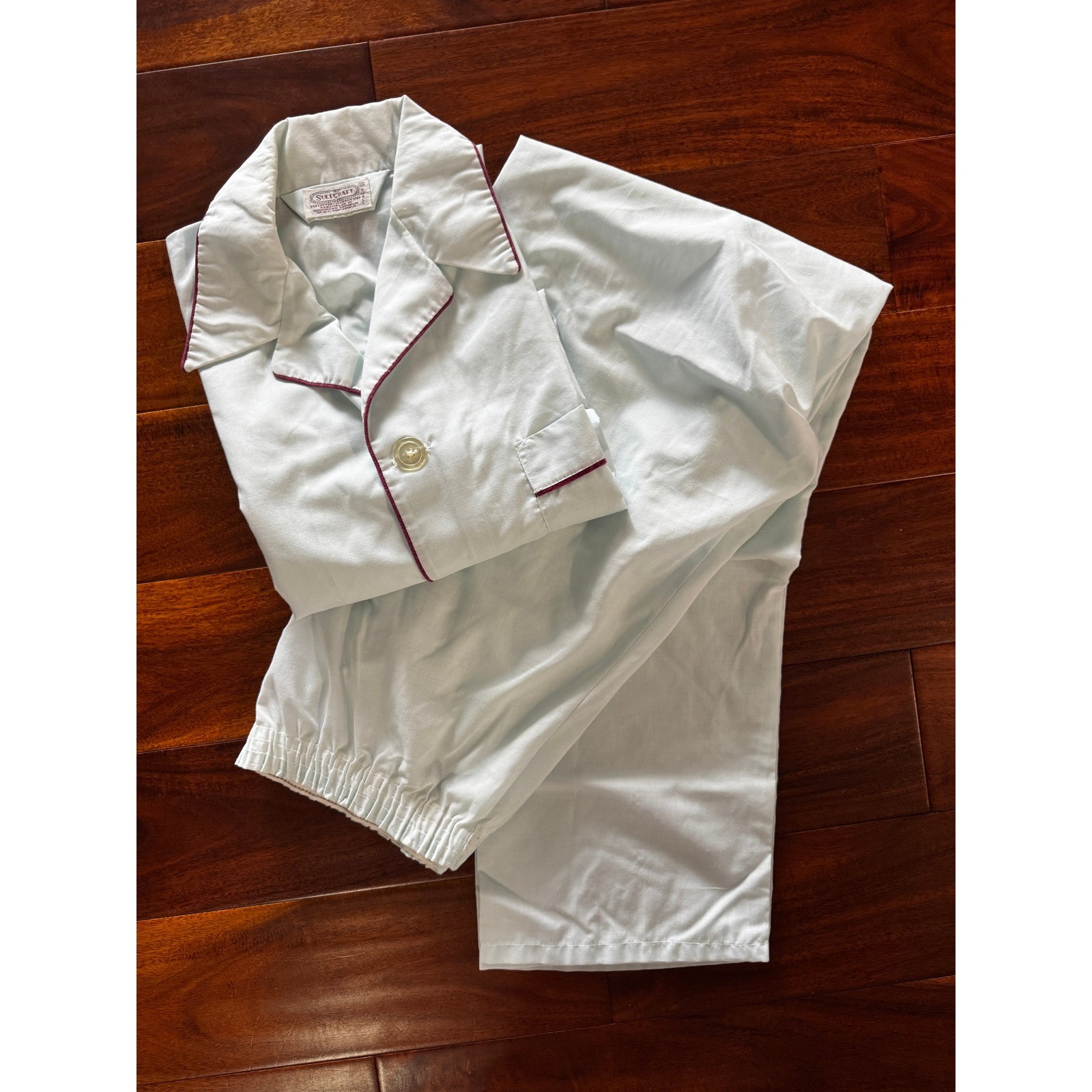 Vintage Sullcraft Pajama Set Womens Small Light Blue Burgundy Piping Sleepwear