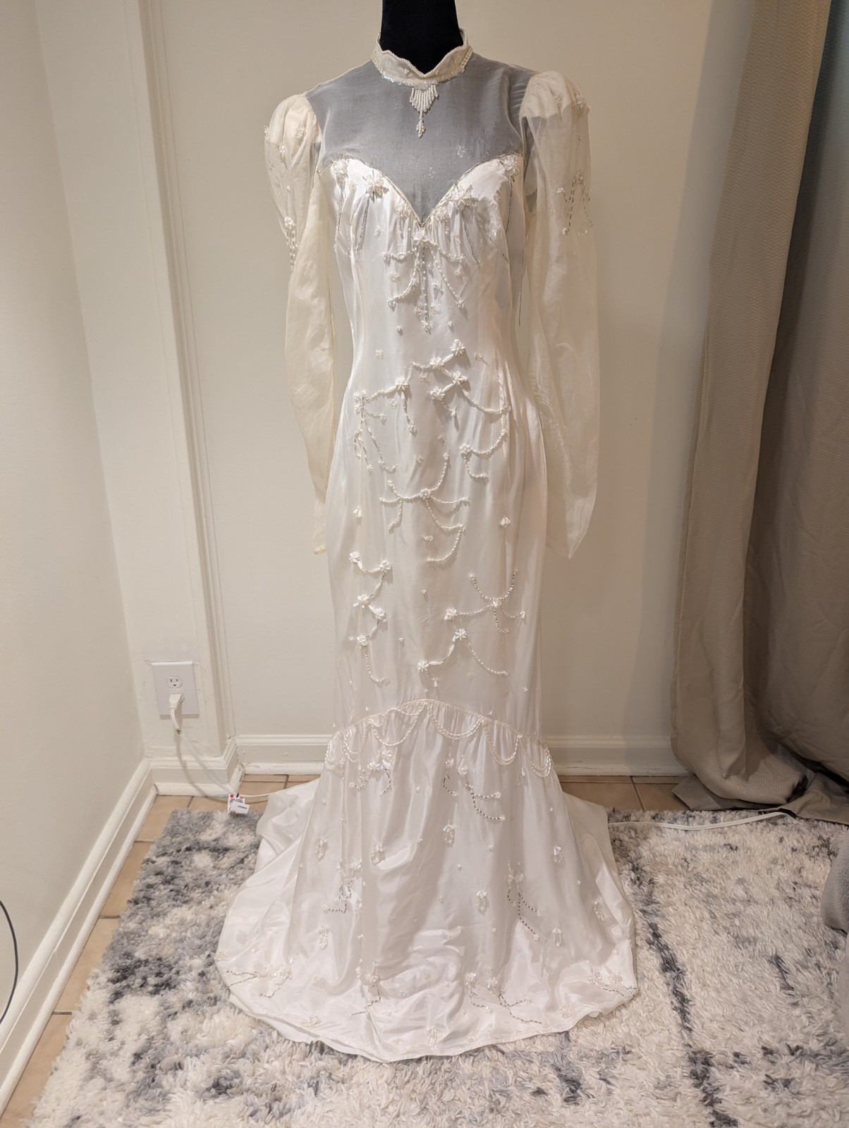 Vintage 1980s 1990s Handmade White Wedding Dress Bead Sequin Pearl Mermaid