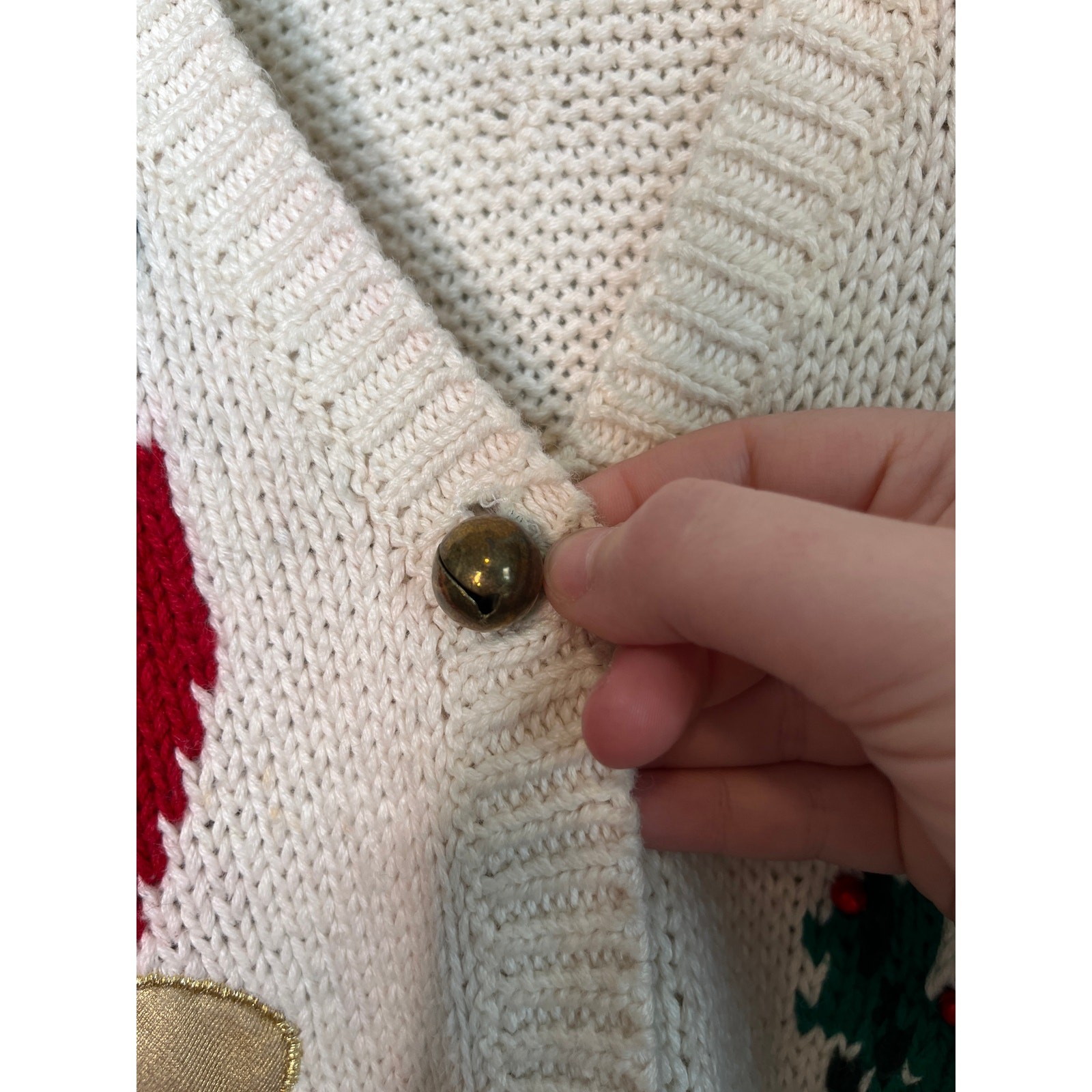 1980s Casual Corner Christmas Patchwork Ornaments Holly Jingle Bells Cardigan L