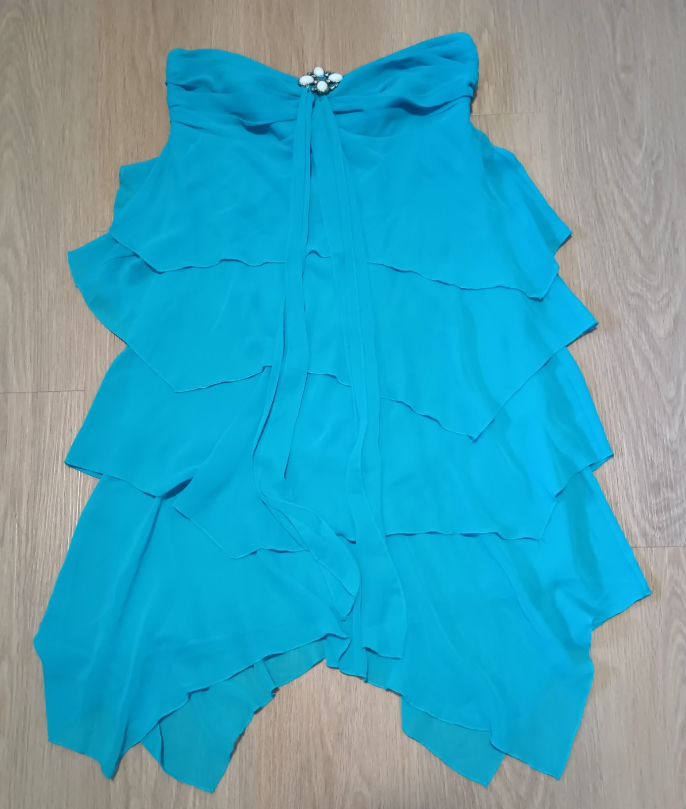 Vtg 90s ABS ALLEN SCHWARTZ Teal Sheer Tiered Layered Empire Evening Prom Dress 4