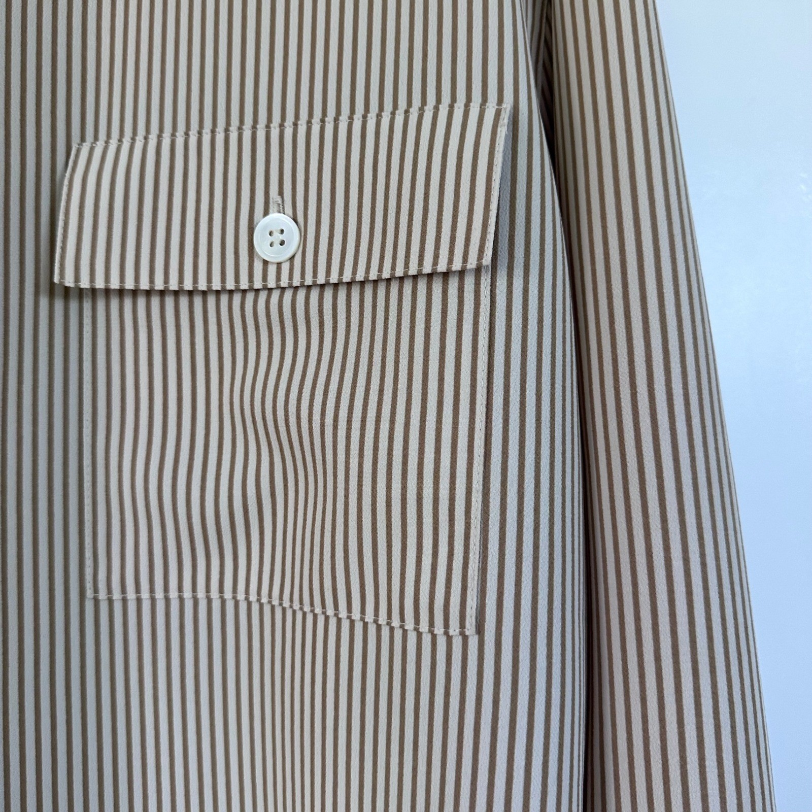 Vintage Chaus Striped Utility Blouse Womens 16 Taupe Cream Button Up Minimalist