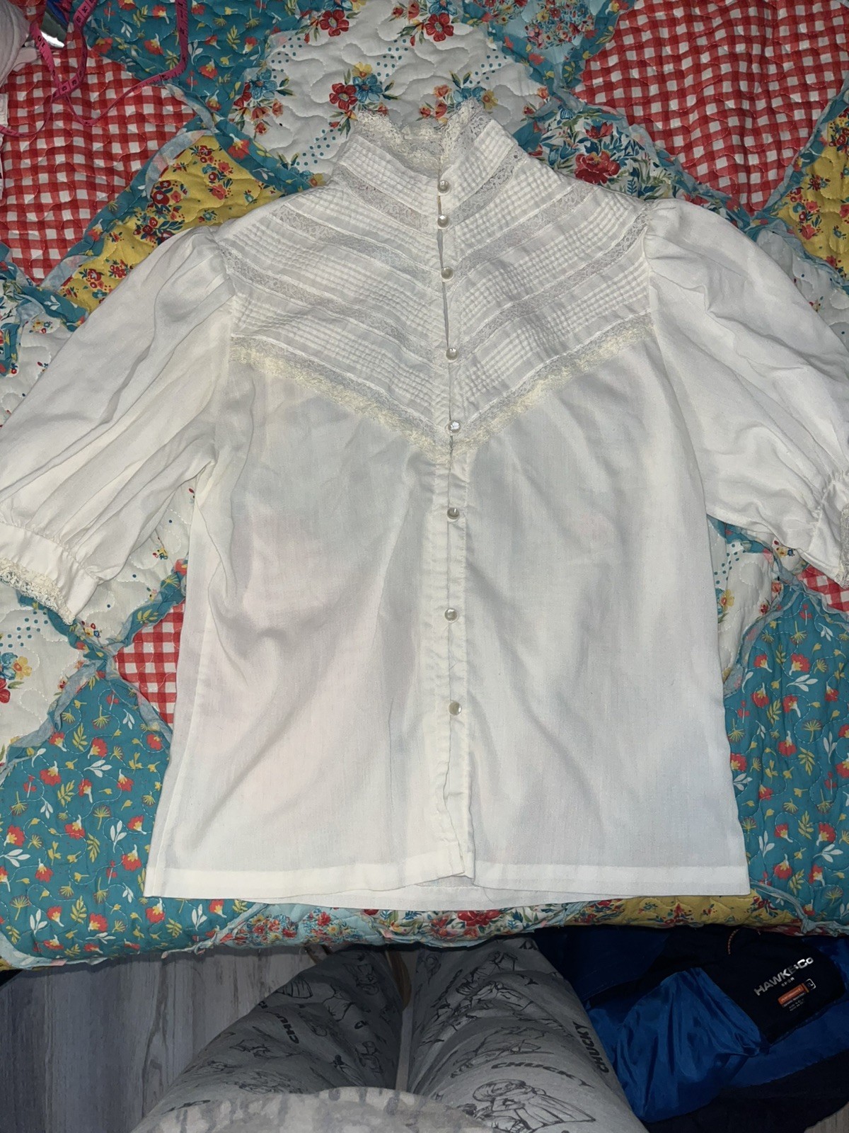 Vintage 1980s Alice Stuart Lace High Collar Button up Blouse, S