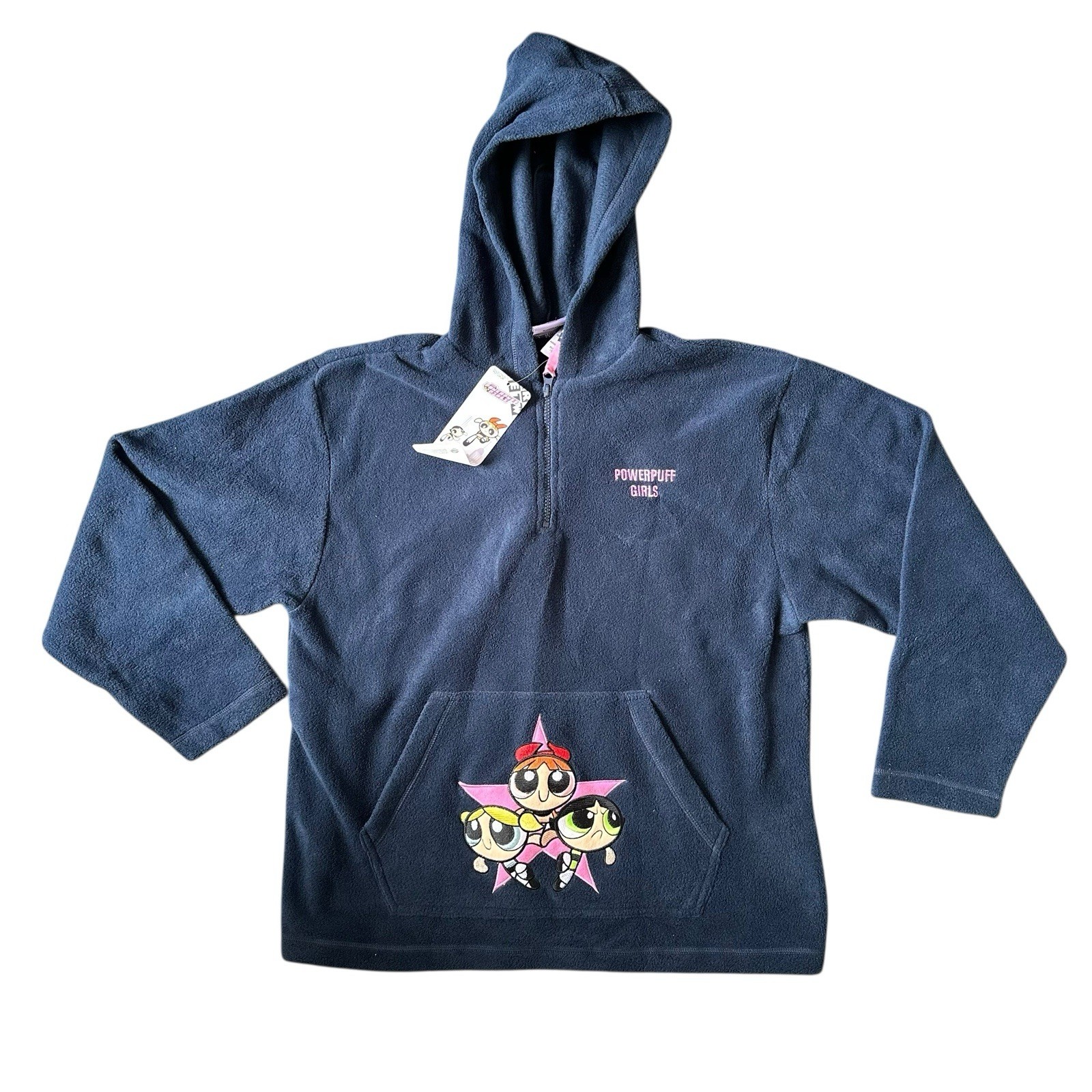 NWT Vintage Y2K Powerpuff Girls Blue Fleece Hoodie Womens Sz S Pockets 1/4 Zip