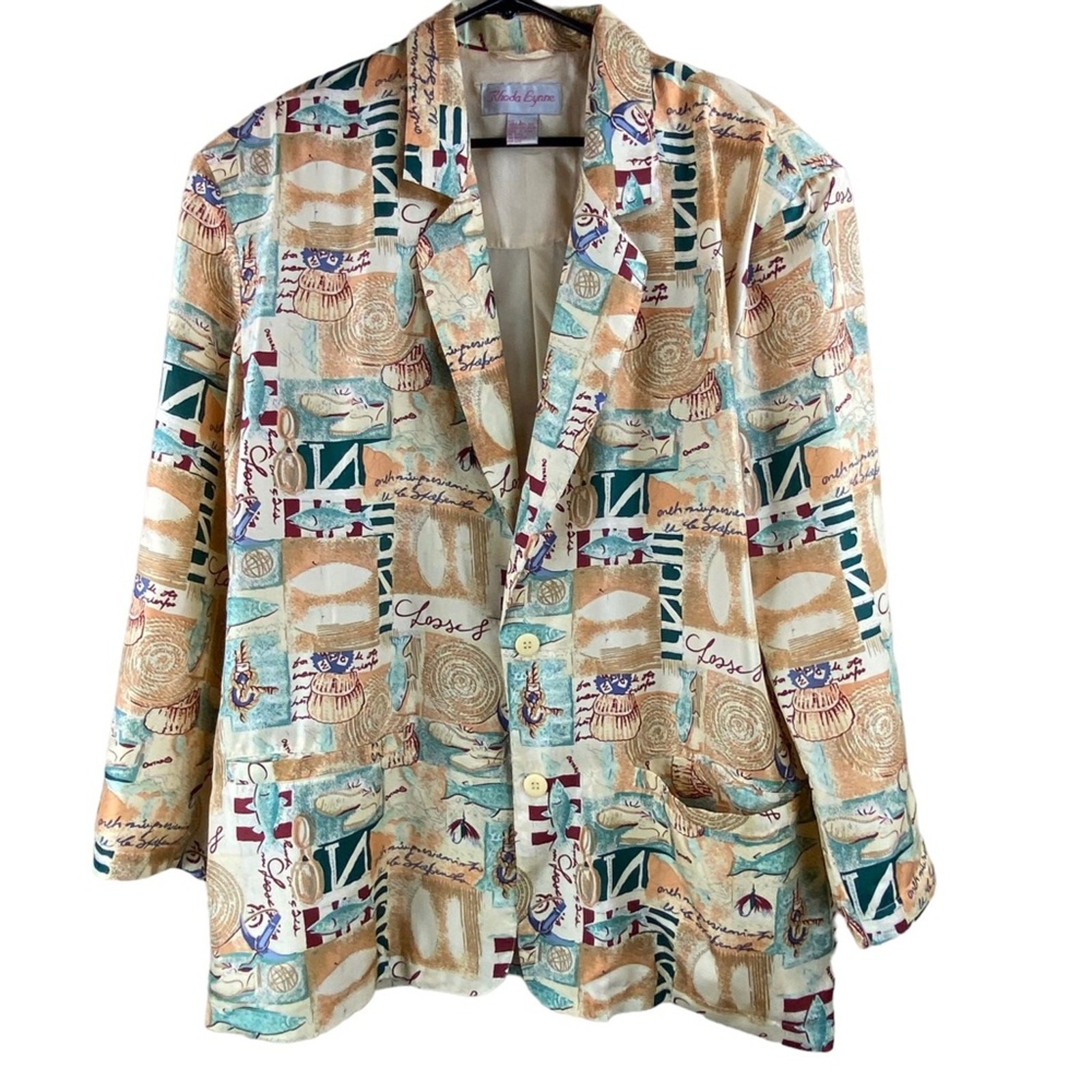 Vintage 100% Silk Blazer Womens Size L Fish Coastal Beach Resort Cruise