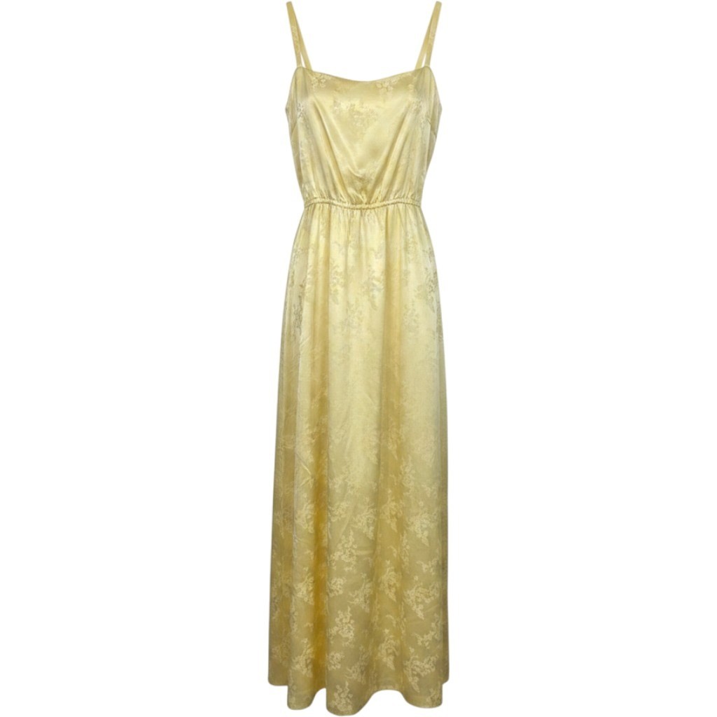 Vintage Yellow Floral Jacquard Maxi Dress Cowl Neck Elastic Waist Sleeveless M
