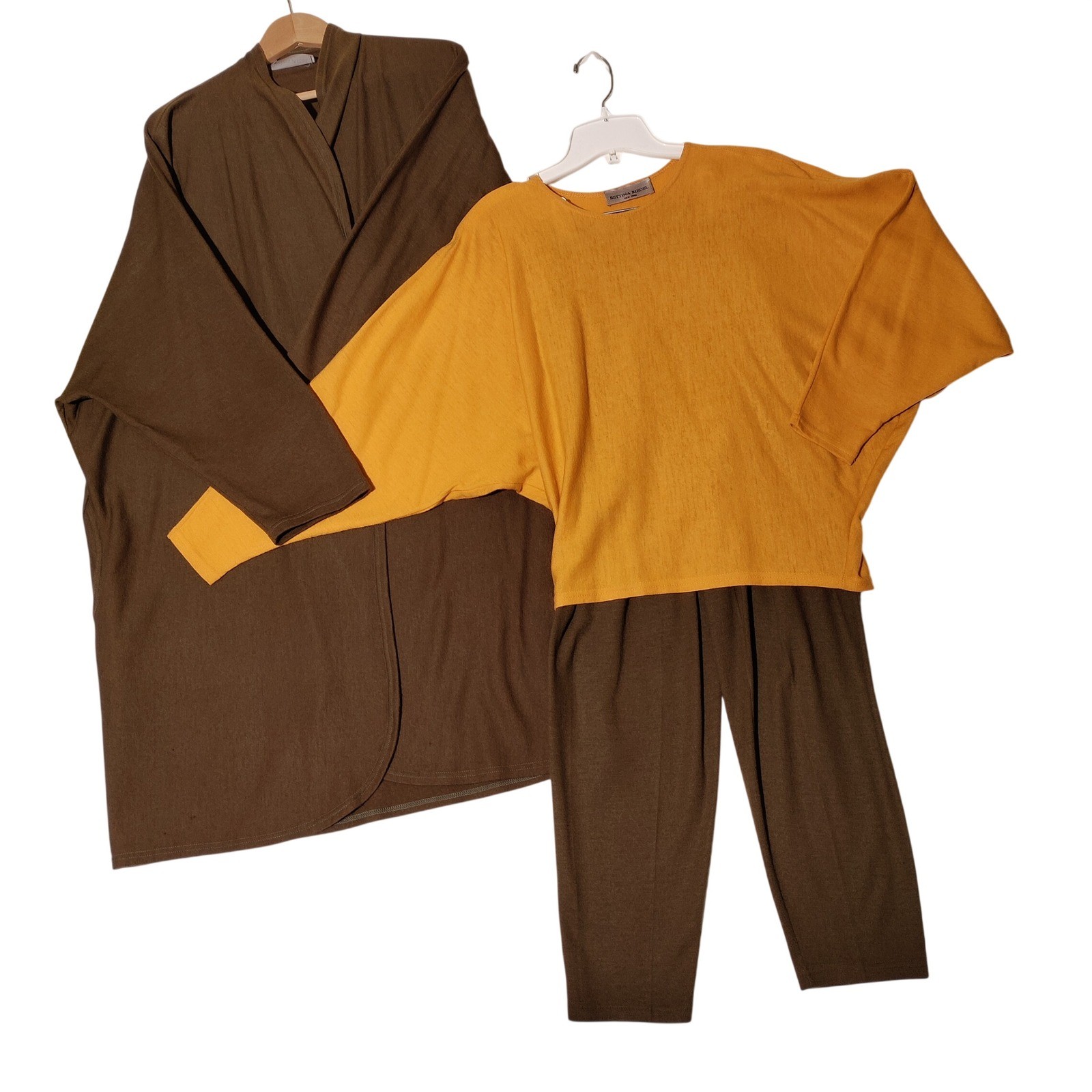 Bettina Riedel 3pc Wool Set Vtg Batwing Top, Pants, Open Front Cardigan -Issues