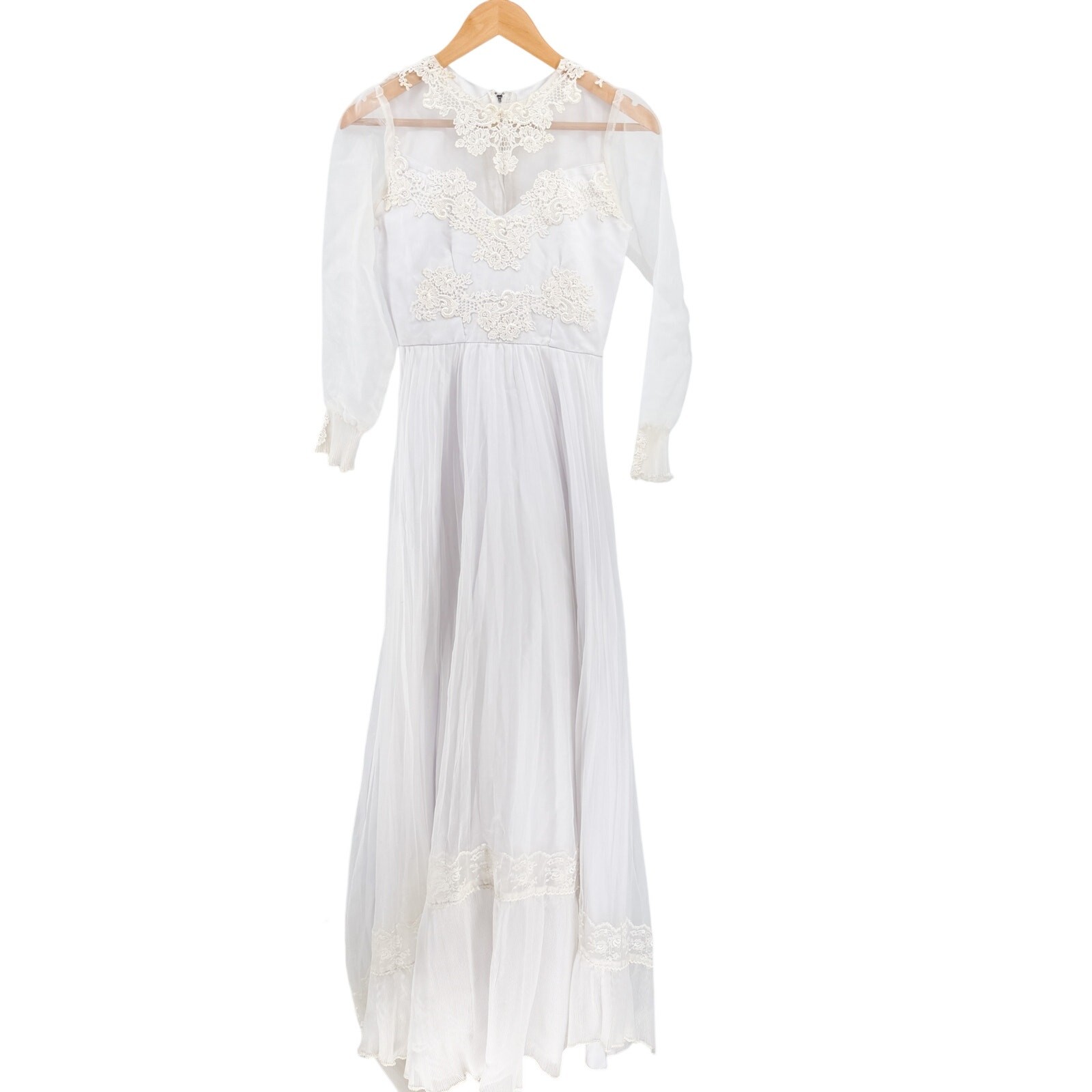 Vintage 70s Handmade White Lace Chiffon Prairie High Neck Wedding Dress Train