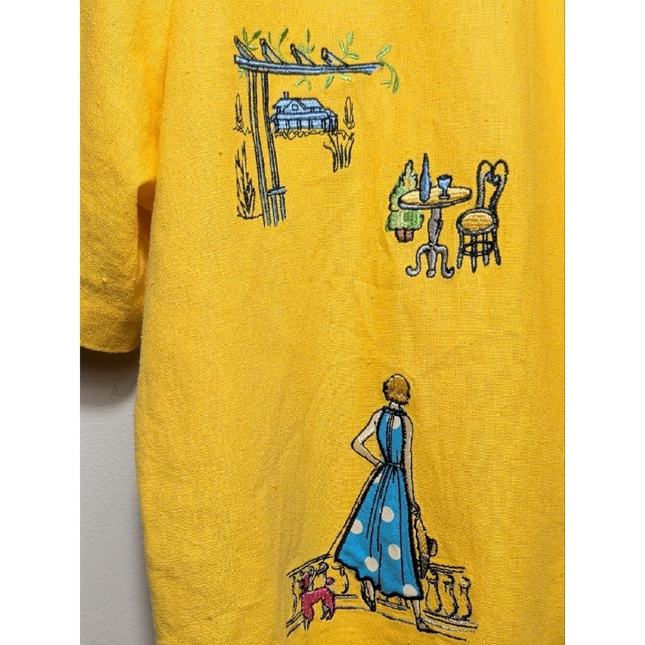 Vtg 90s Yellow Linen Two Piece Maxi Dress Set Paris Embroidery Euro Summer XL