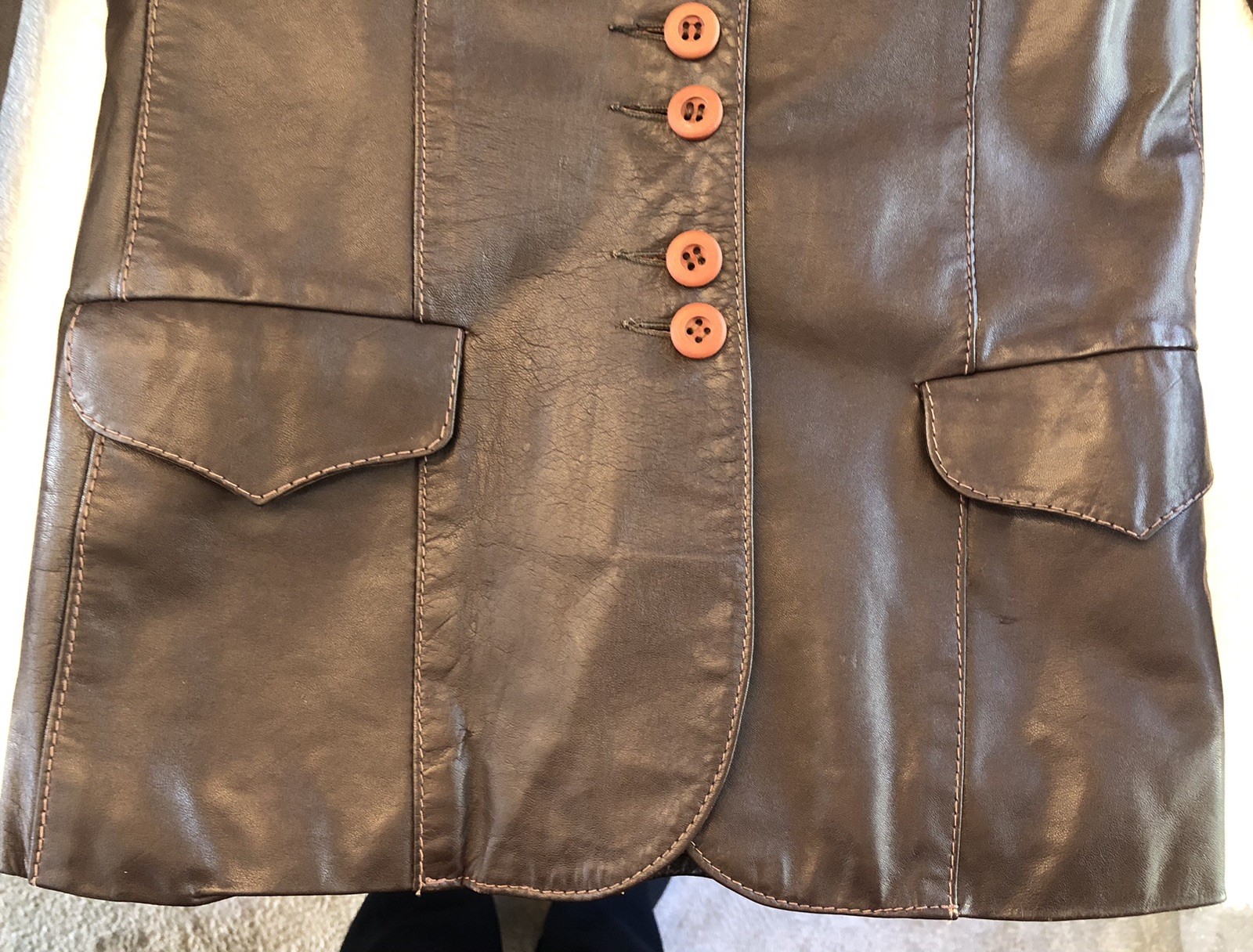 Vintage 1970s LEARSI Leather Jacket Size 14/Small Brown Cool Fashion Button GUC