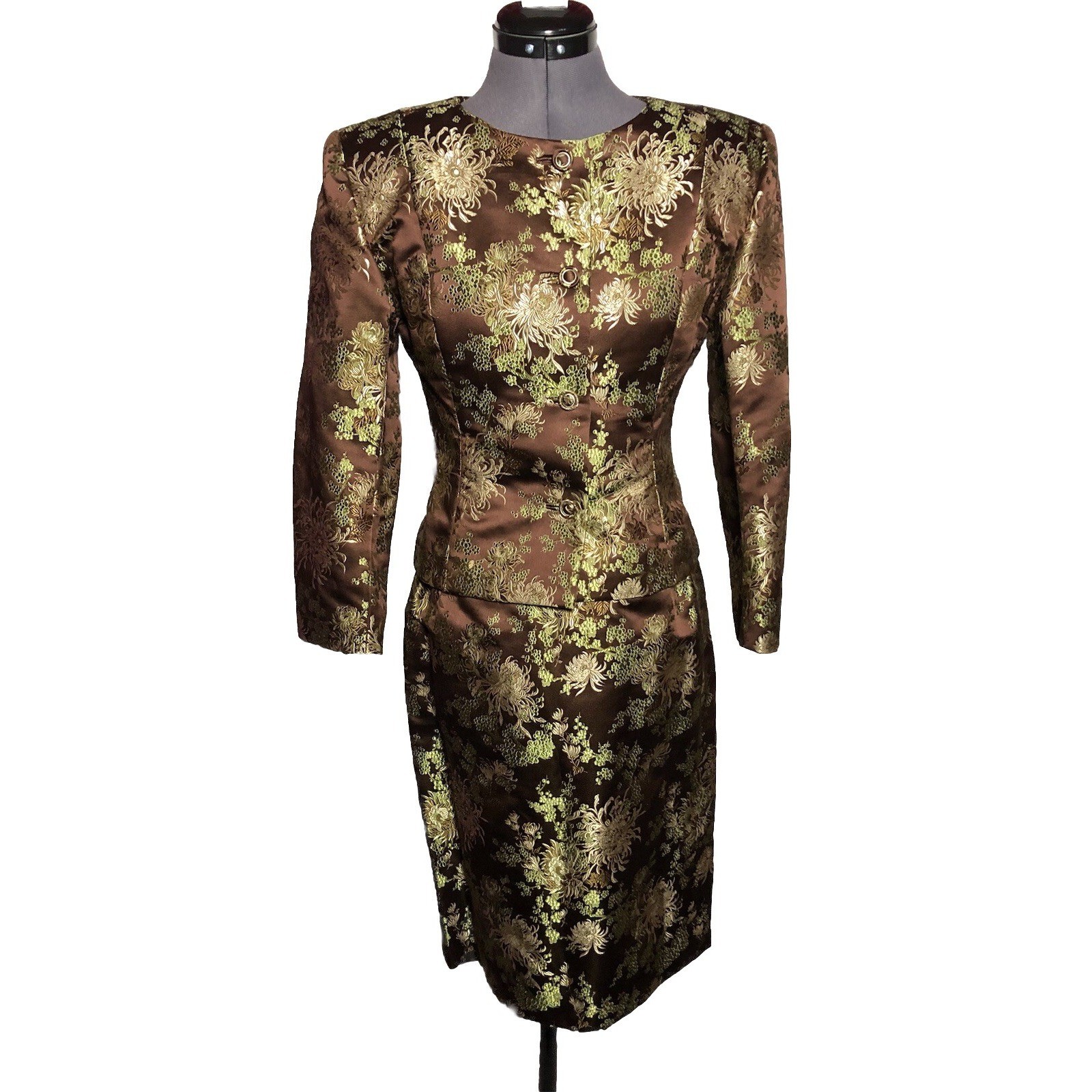 Vtg 70s 80s Brown Brocade Skirt Suit Metallic Floral XS S 2–4 Jacket Skirt Set