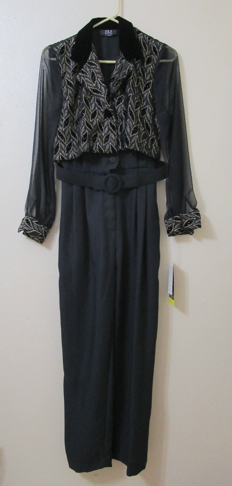 Vintage 80s Disco Dance Club Sheer Sleeve Velvet Vest Gold Metallic Jumpsuit PXS