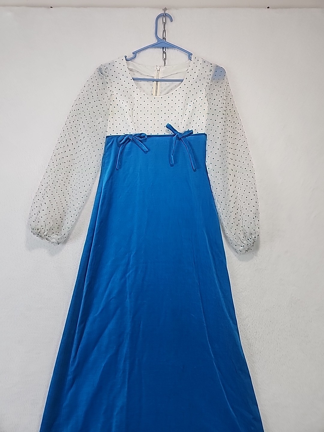 Vtg 60s 70s Empire Waist Maxi Dress Homemade Sheer Sleeve Aqua Blue Velvet