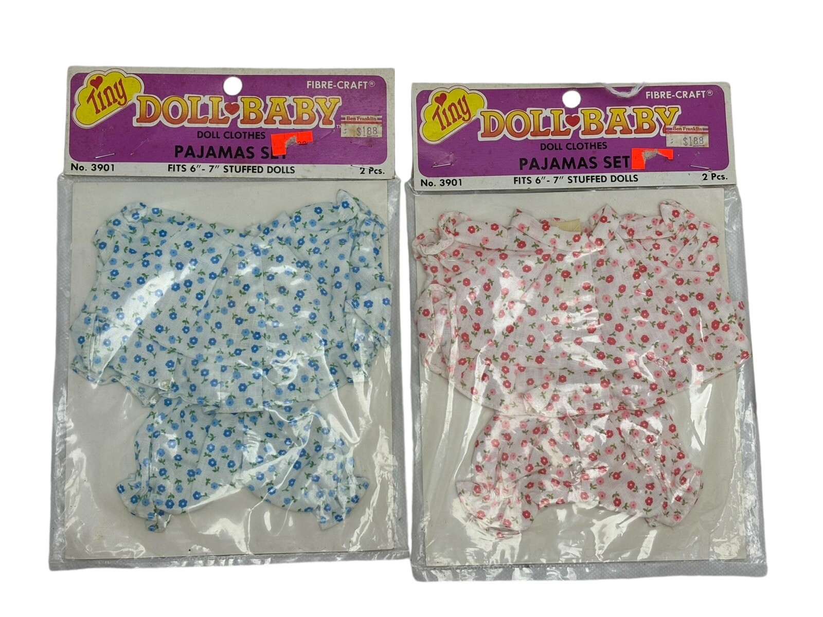2 Vintage Sealed Tiny Doll Baby’s 1980s Pajama Set Boy Girl Pink Blue Floral