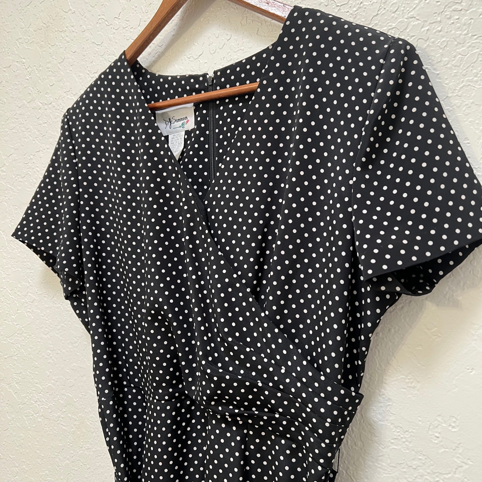 Vintage DJ Summers Polka Dot Wrap Midi Dress Black White Size 14 80s Belted