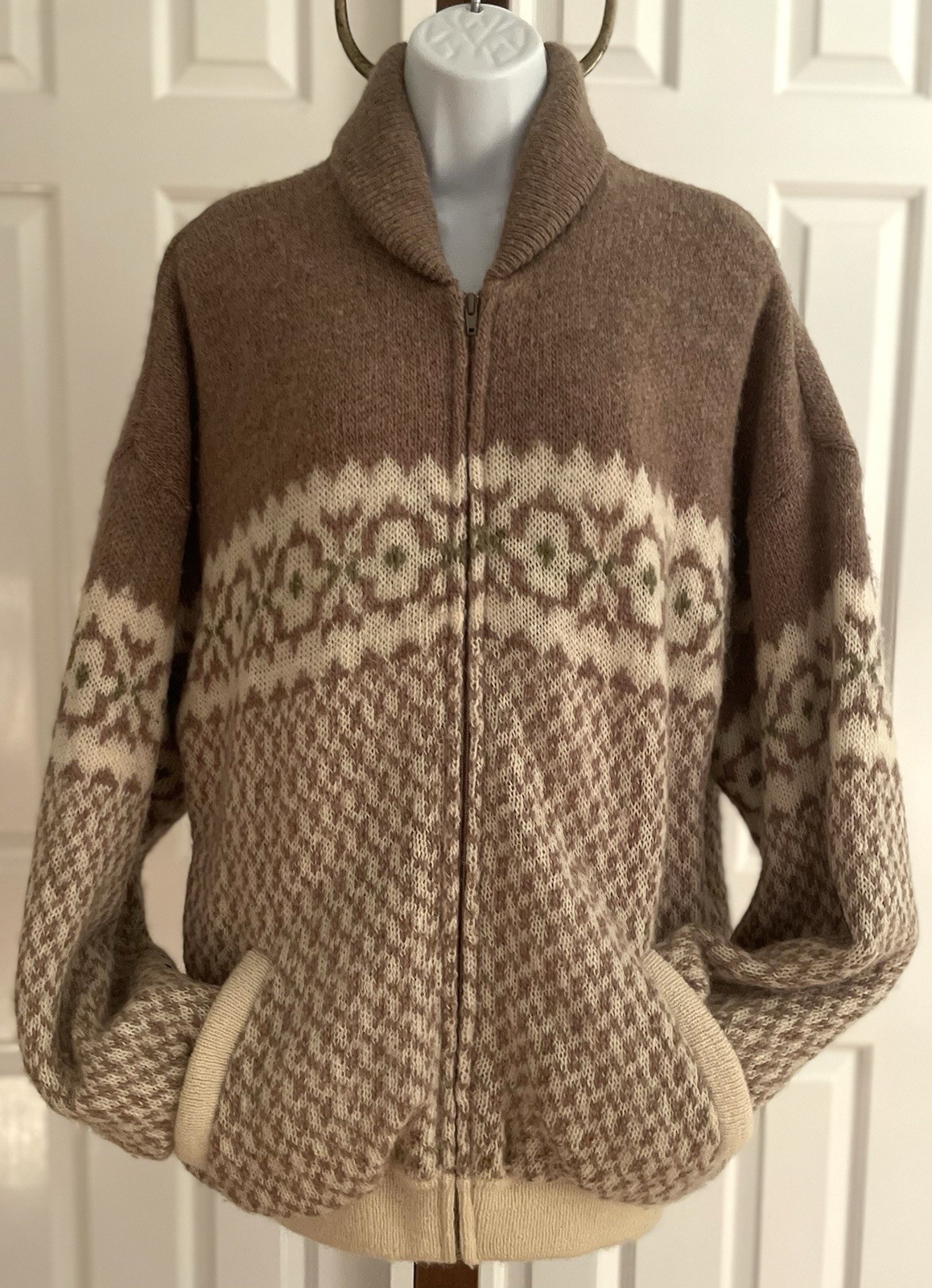 Vintage Tundra 100% Pure Virgin Wool Zip Sweater- Women’s XL- Taupe Fair Isle