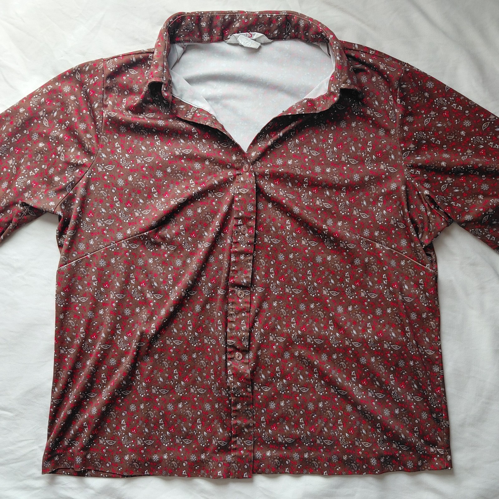 Vintage 1970s Sears The Shirt Paisley Blouse Brown Red Dagger Collar Western XL