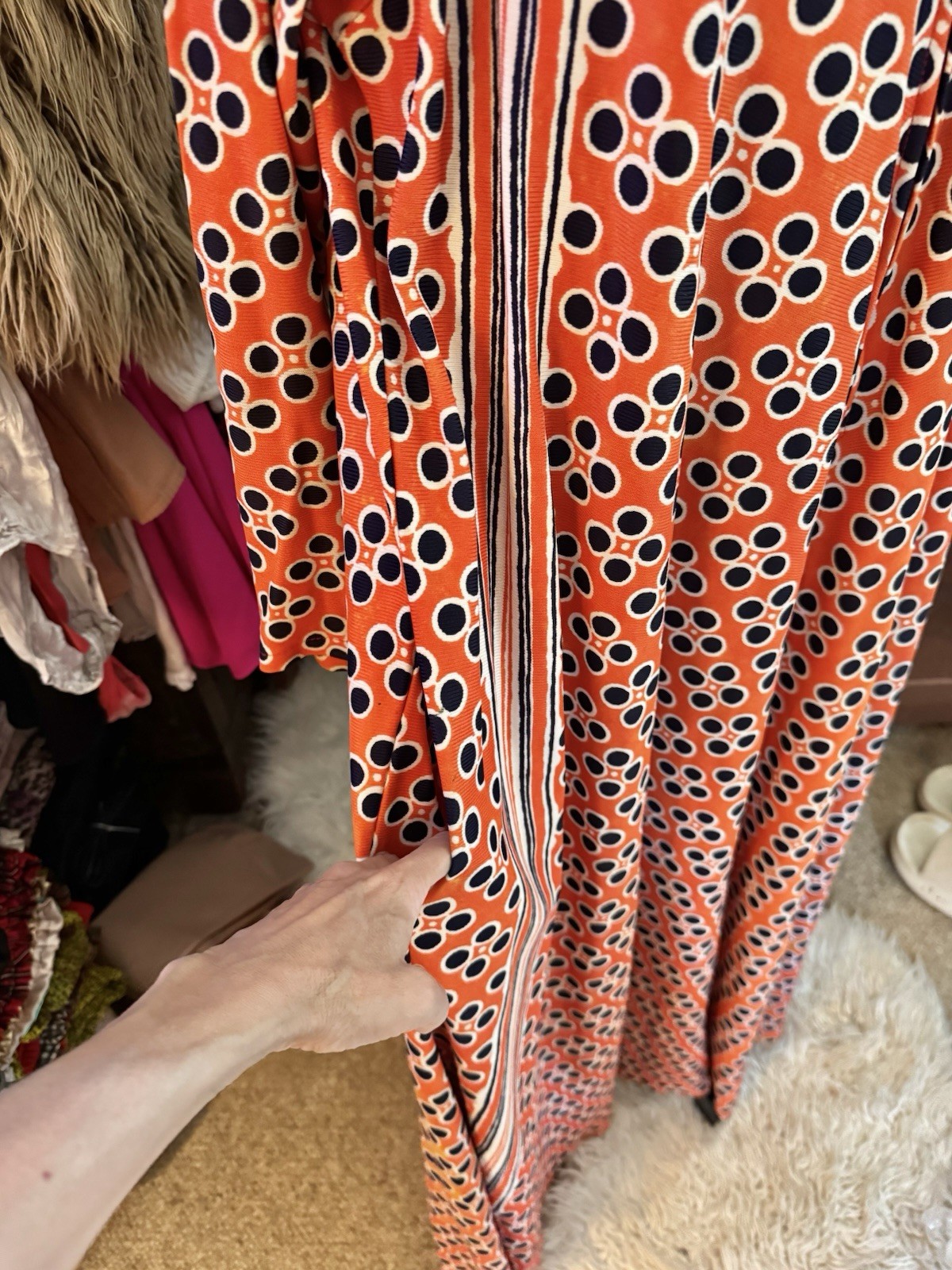 Vtg 60s 70s Orange Navy Caftan Maxi Hostess Dress Gown Plunge Zipper Pocket Pop