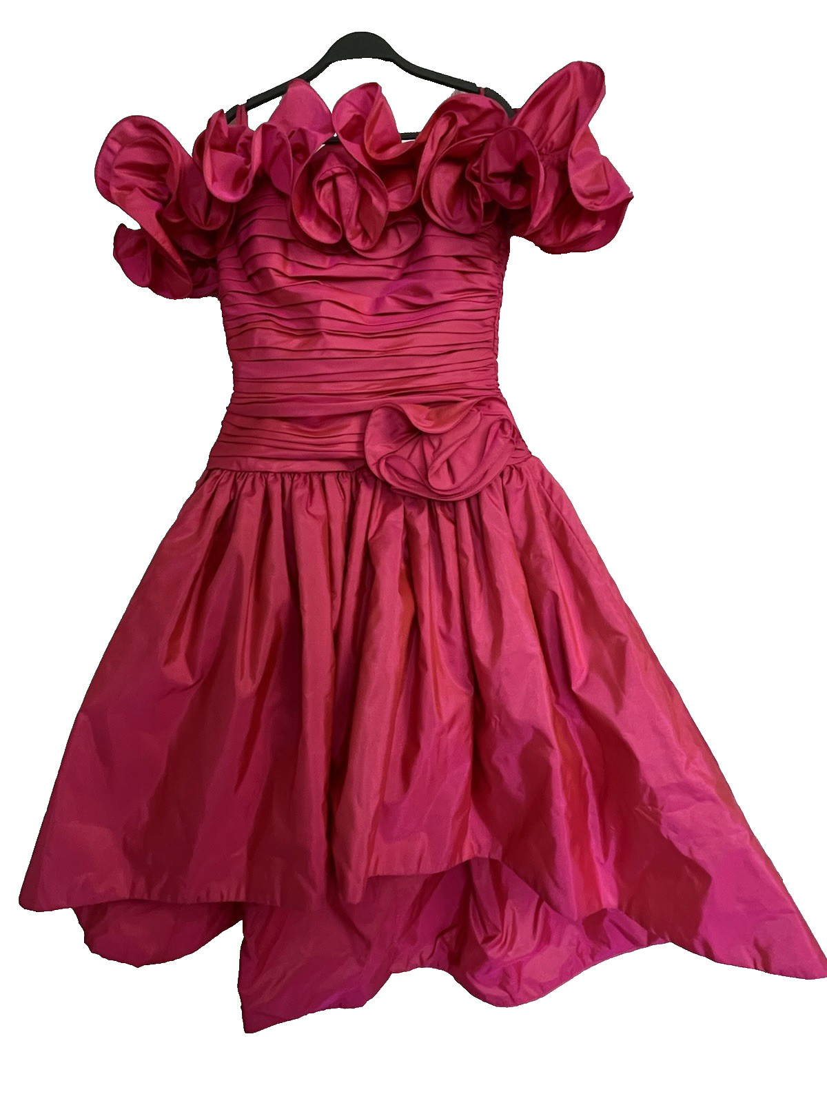 80s Hot Pink Hi Lo Ruched Ruffled Taffeta Off Shoulder Short Prom Party Dress