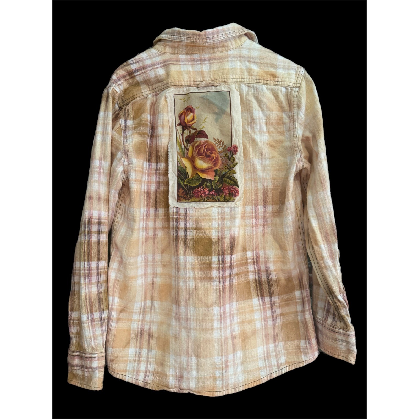 Upcycled Yellow Rose Flannel Shirt Small Cotton Boho Folk Art