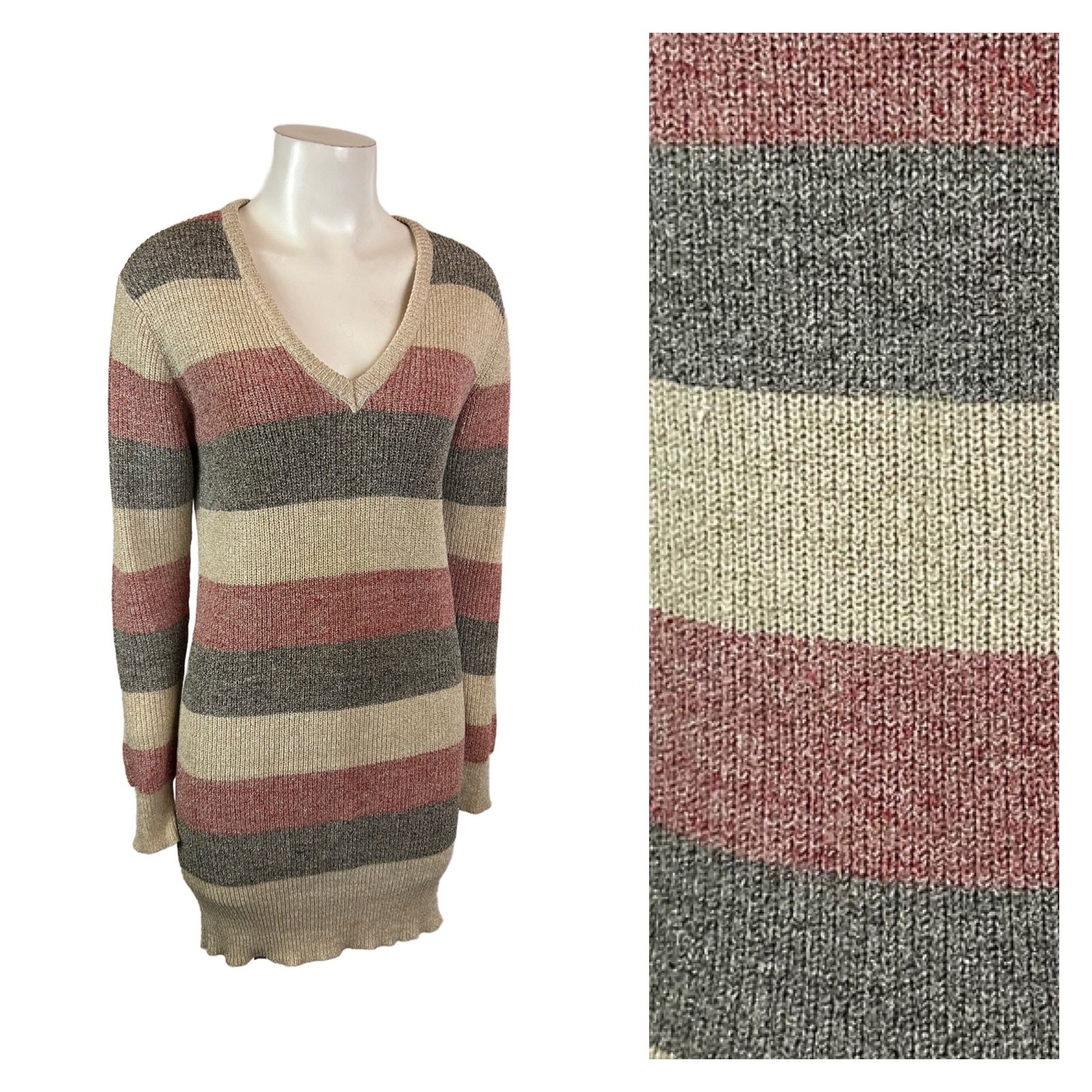 1980s Metallic Stripe Acrylic Knit Mini Sweater Dress / Women’s Medium ^