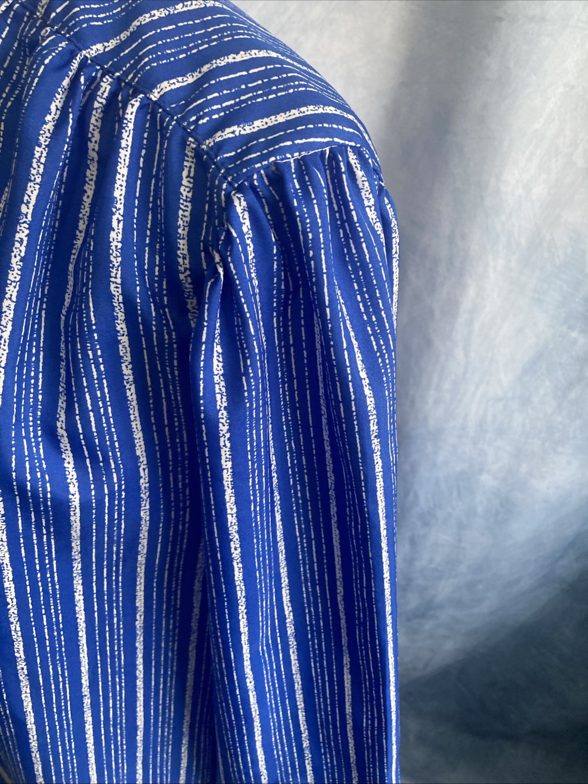 Vtg 70s rrrrruss Russ Togs Sz 14 Blue White Striped Puff Sleeve Blouse ILGWU EUC