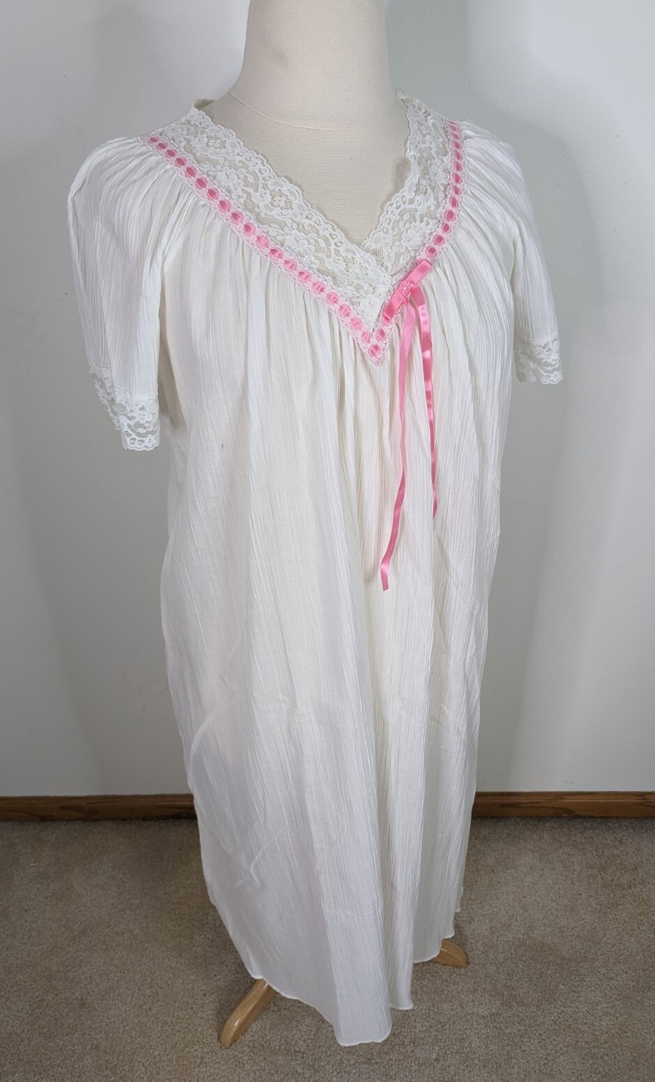 Vintage White cotton Lace Short Sleeve Long Night Gown Pink Ribbon Women’s L D2S