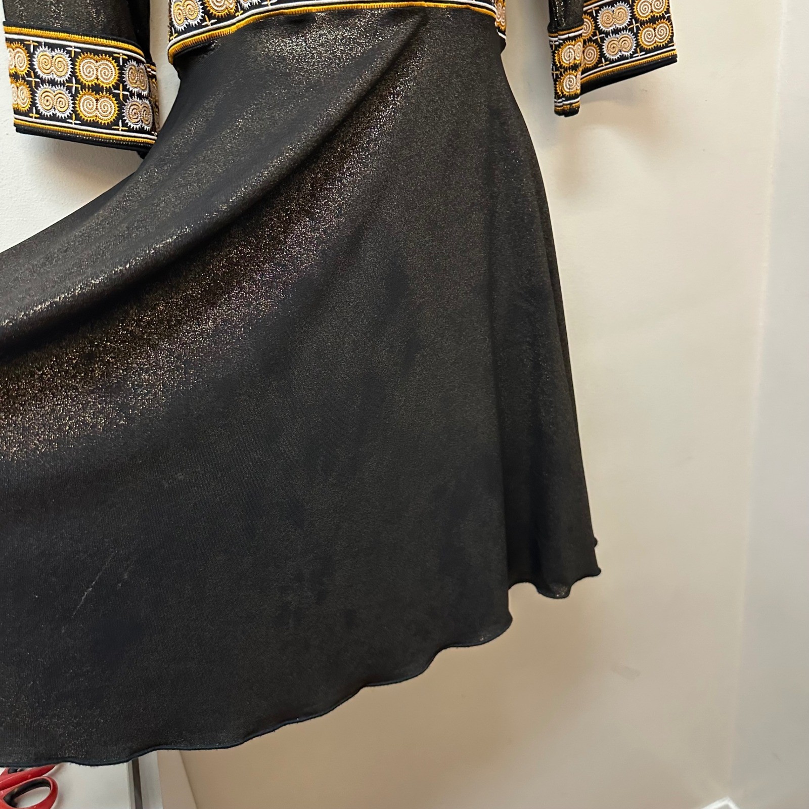 Vintage 90s Black Metallic Gold Embroidered Trim Fit Flare Tie Back Dress L