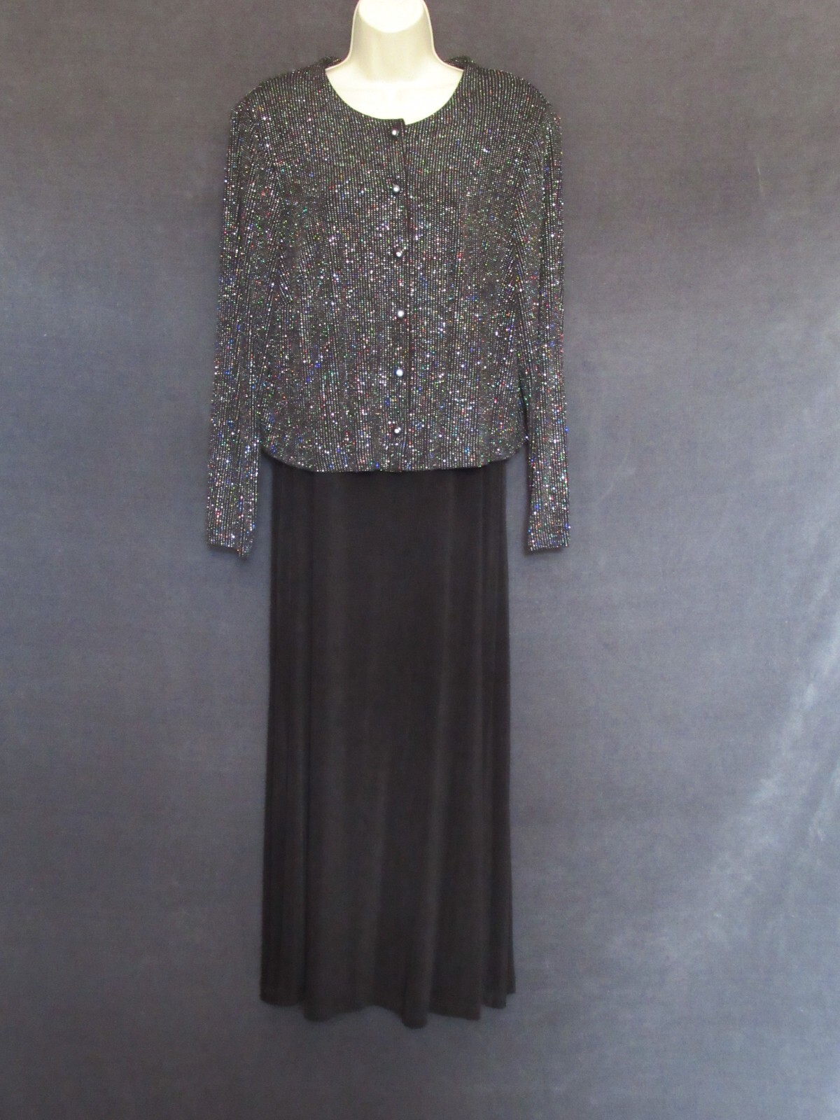 90’s Ronni Nicole Black Silver Glitter Stretch Long Dress Rhinestone Jacket 16W