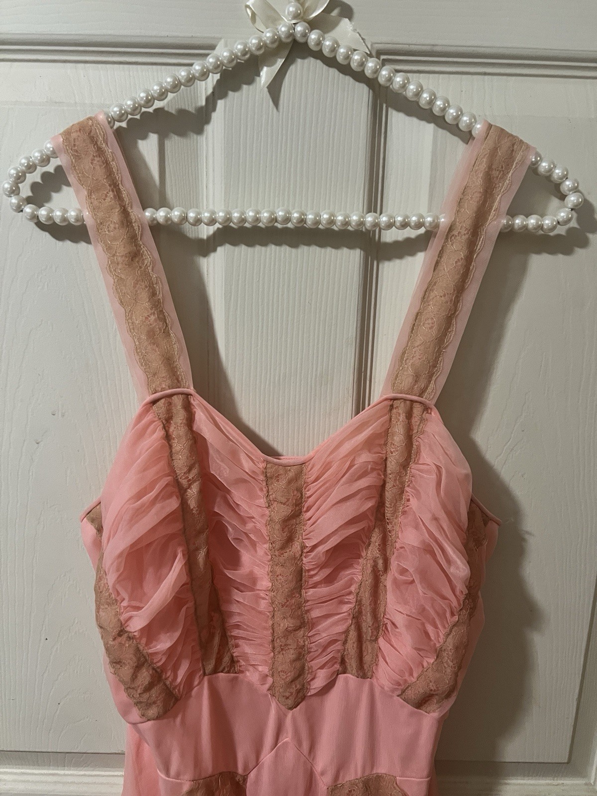 Pink Vintage Chiffon nightgown made With Semi Sheer Intricate lace 1940/1950’s
