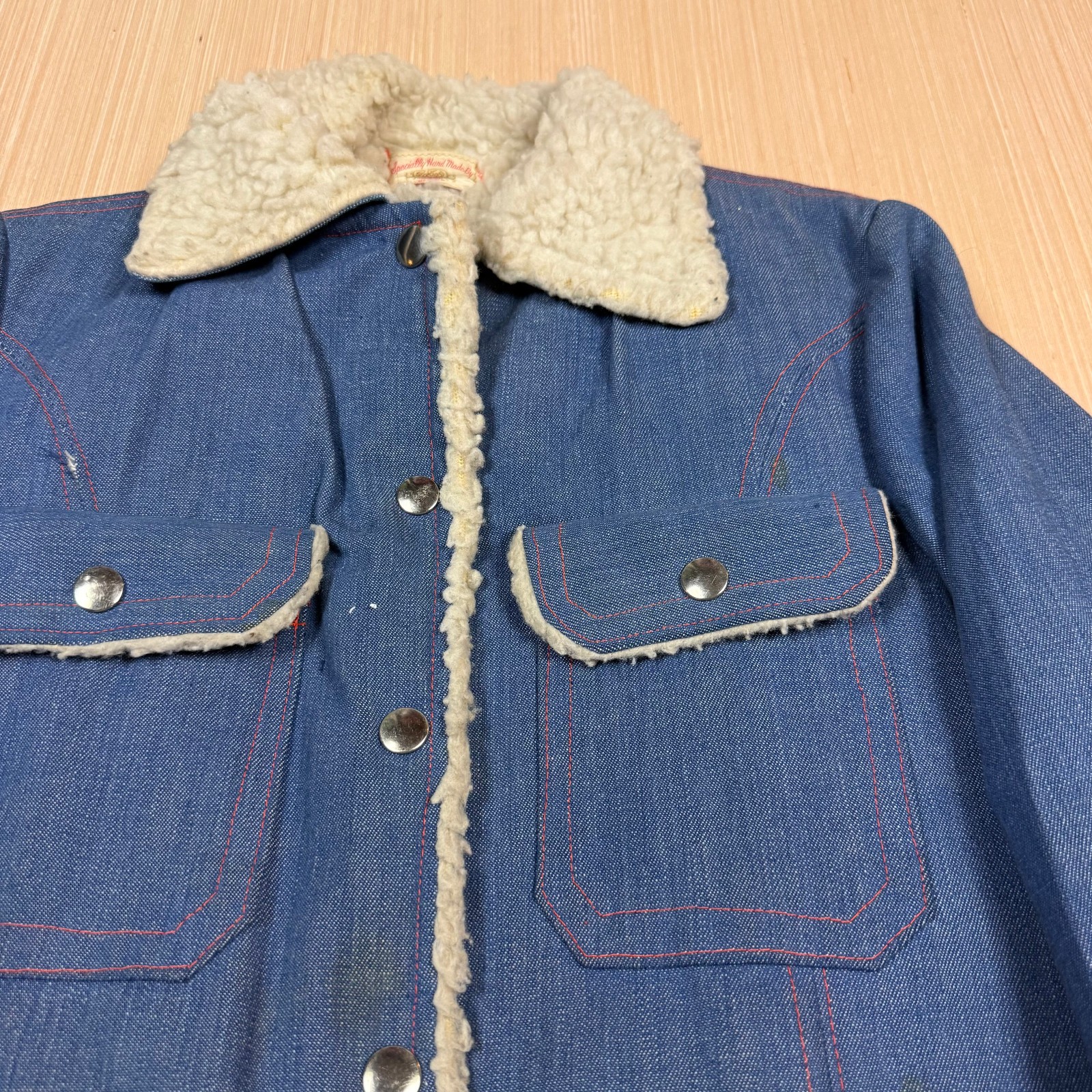 Vintage 70s Sherpa Lined Denim Jacket XS Handmande Panda Hippie Western boho