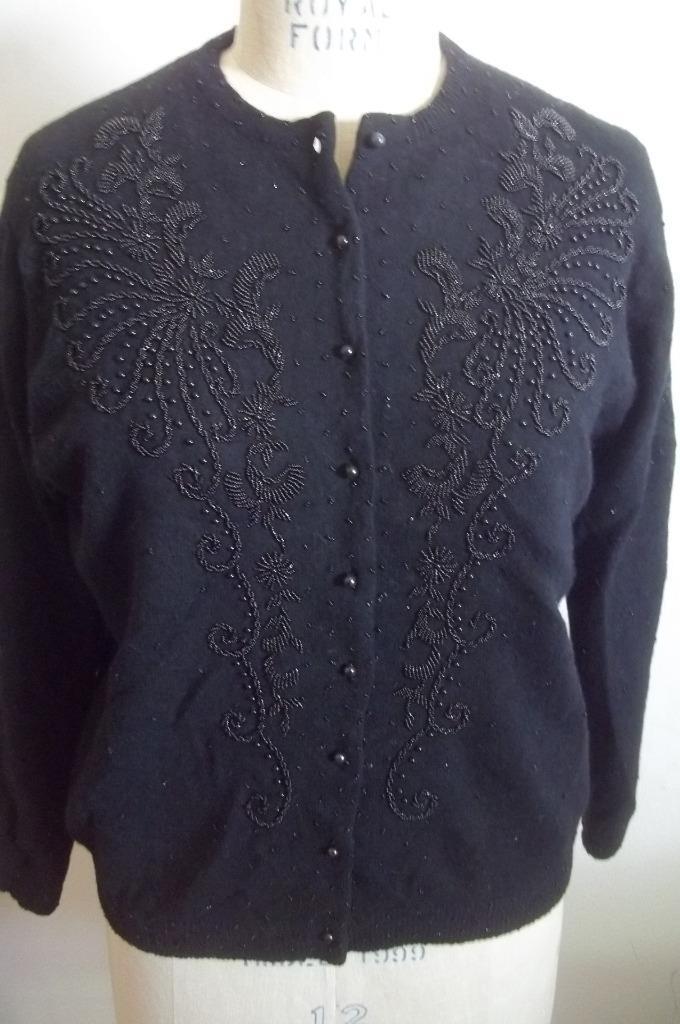 Vintage 50’s Black Beaded Floral Print Cardigan Sweater 44