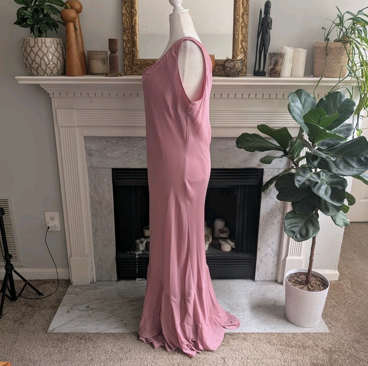 Vintage 90s Y2K Dusty Pink Beaded Column Dress Size 3X Maxi Ruffle Occasion MOB